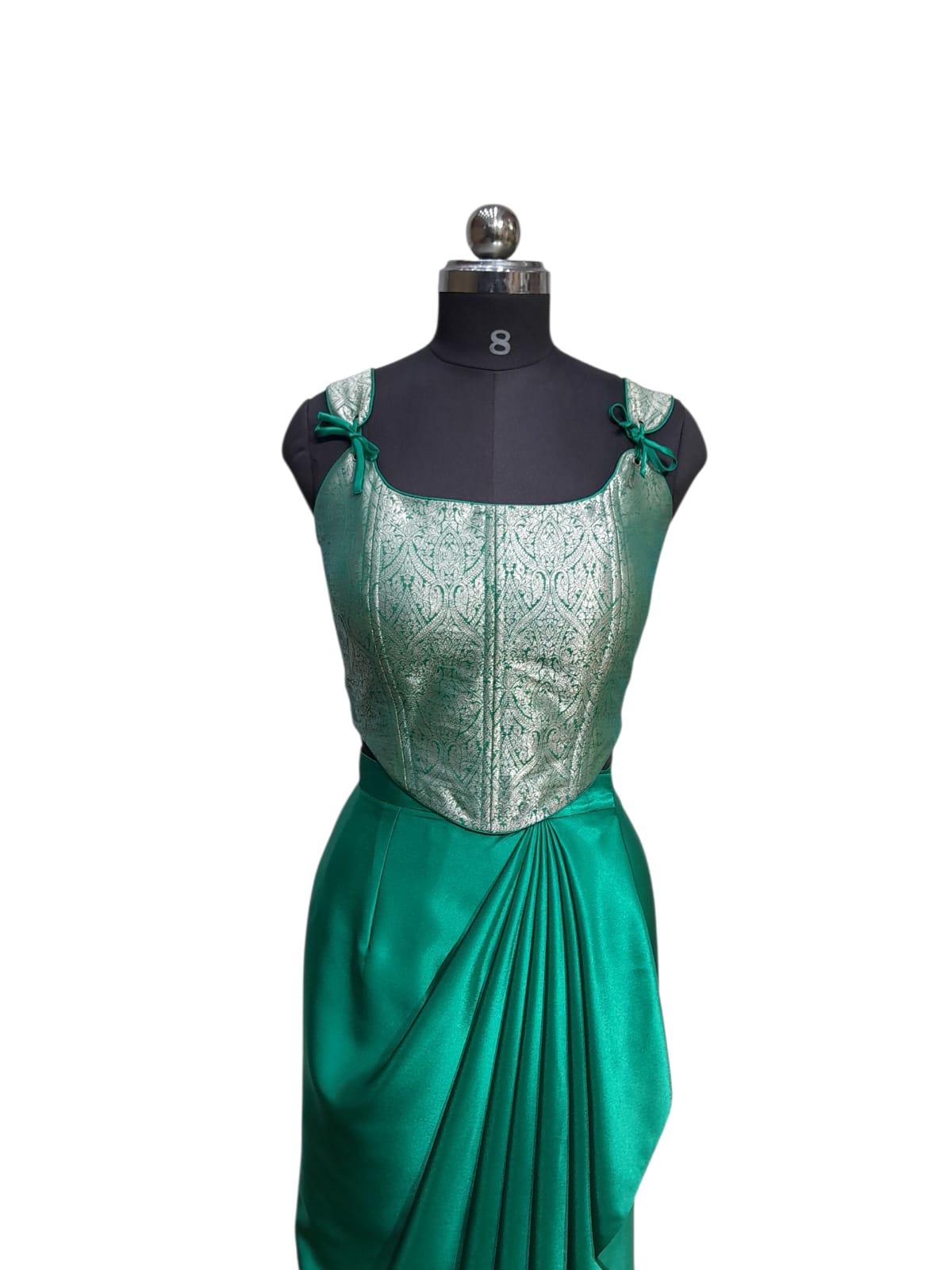 Green Draped Gown with Brocade Corset Blouse