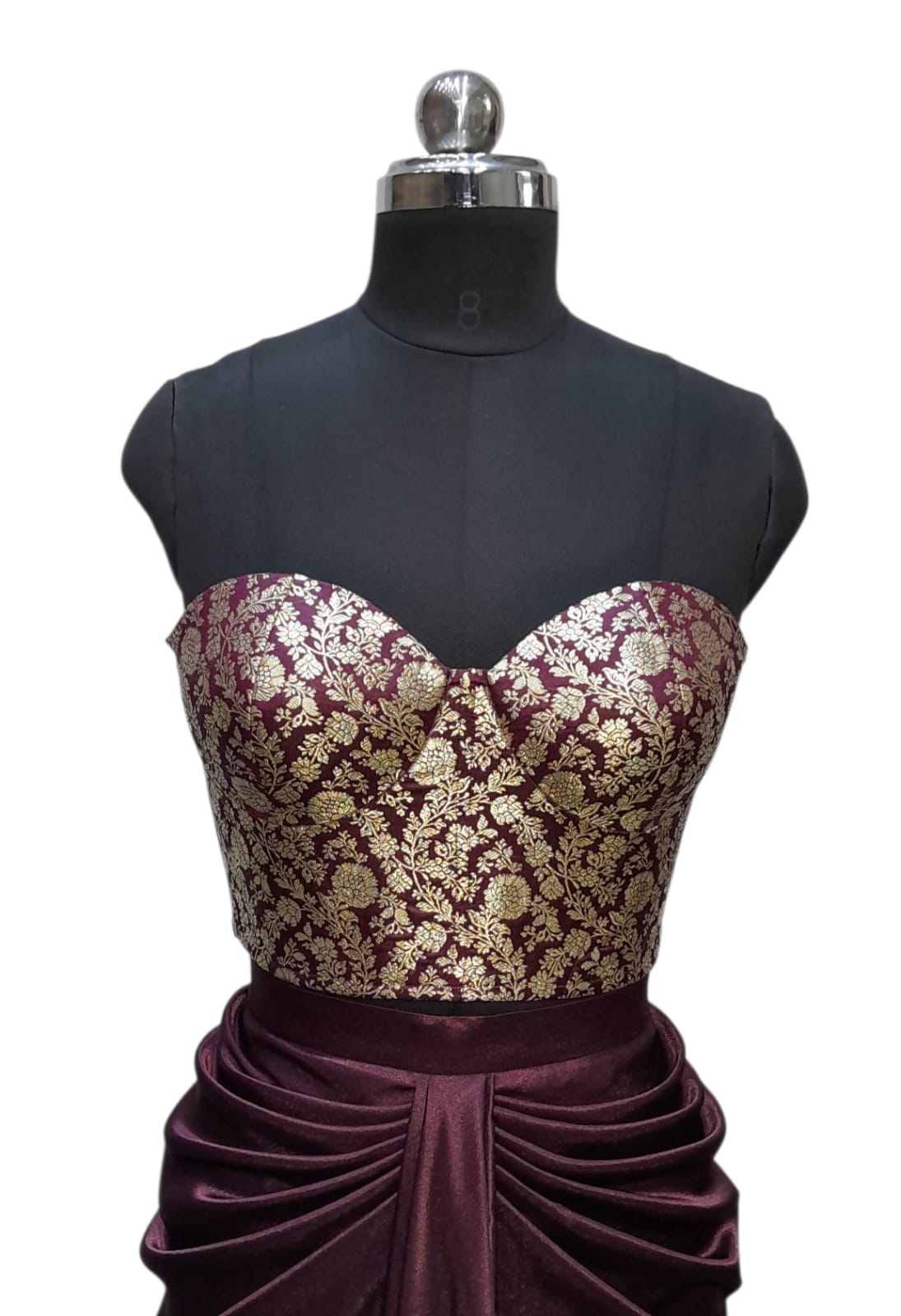 Wine Luxe Brocade and Satin Draped Gown