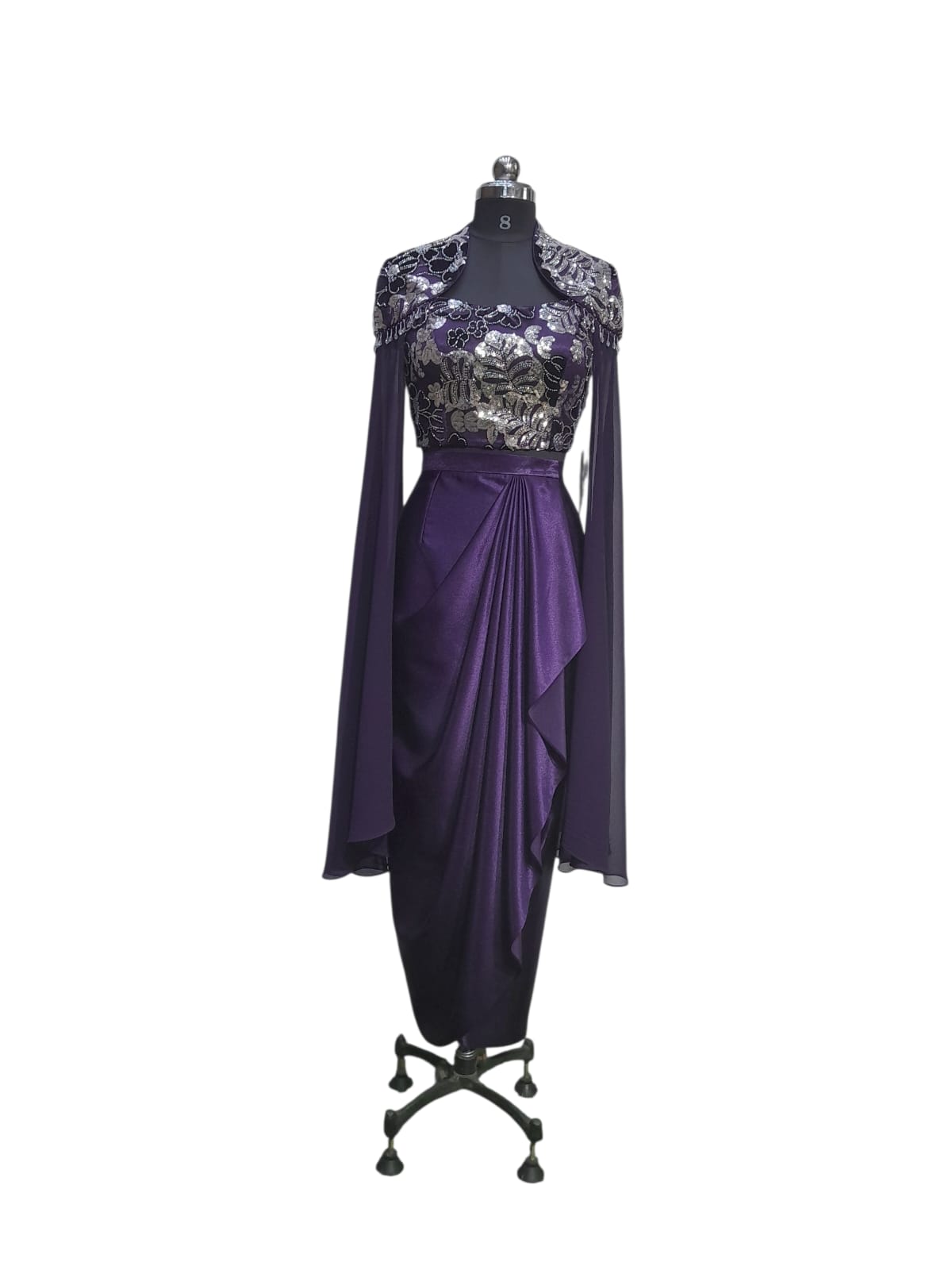 Deep Purple Sequined Drape Set with Cape
