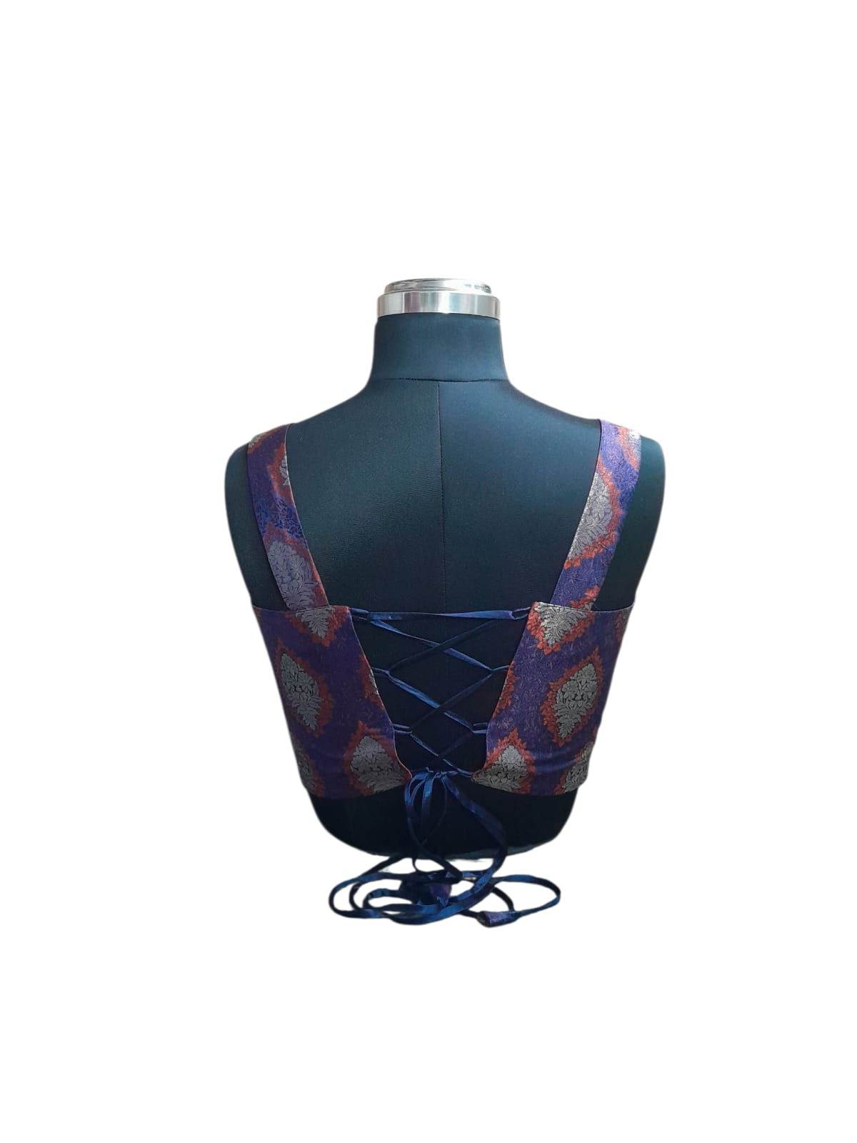 Navy Blue Banarasi Brocade Blouse with Tie-Up Straps