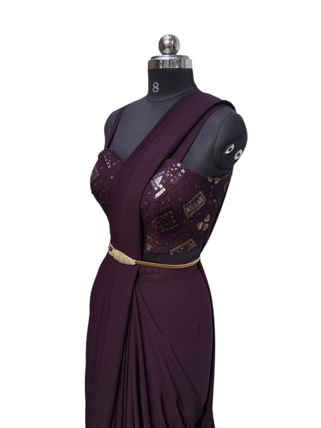 Maroon Embellished Bustier with Draped Saree Gown 