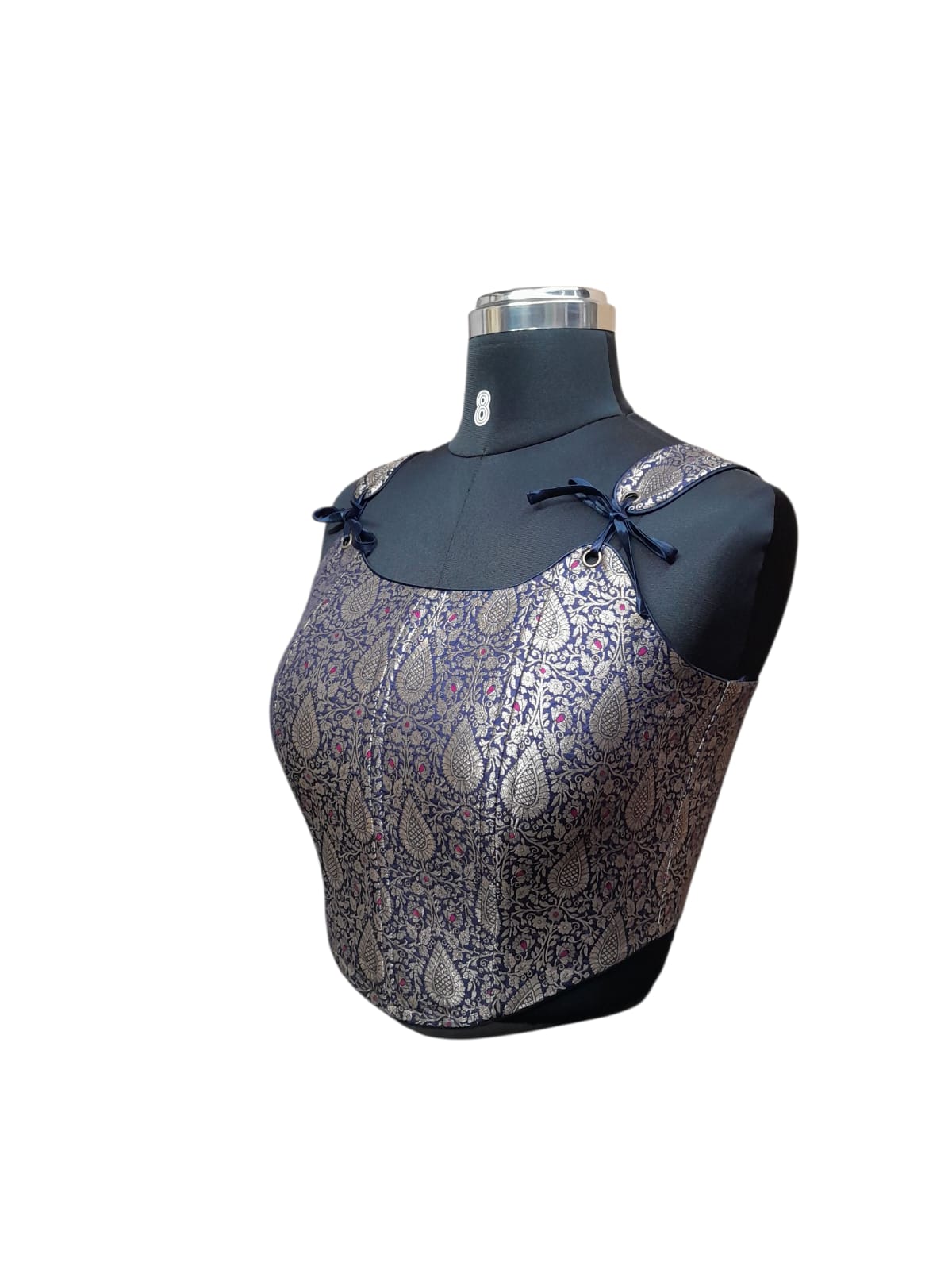 Navy Blue Brocade Corset Blouse with Bow Detailing