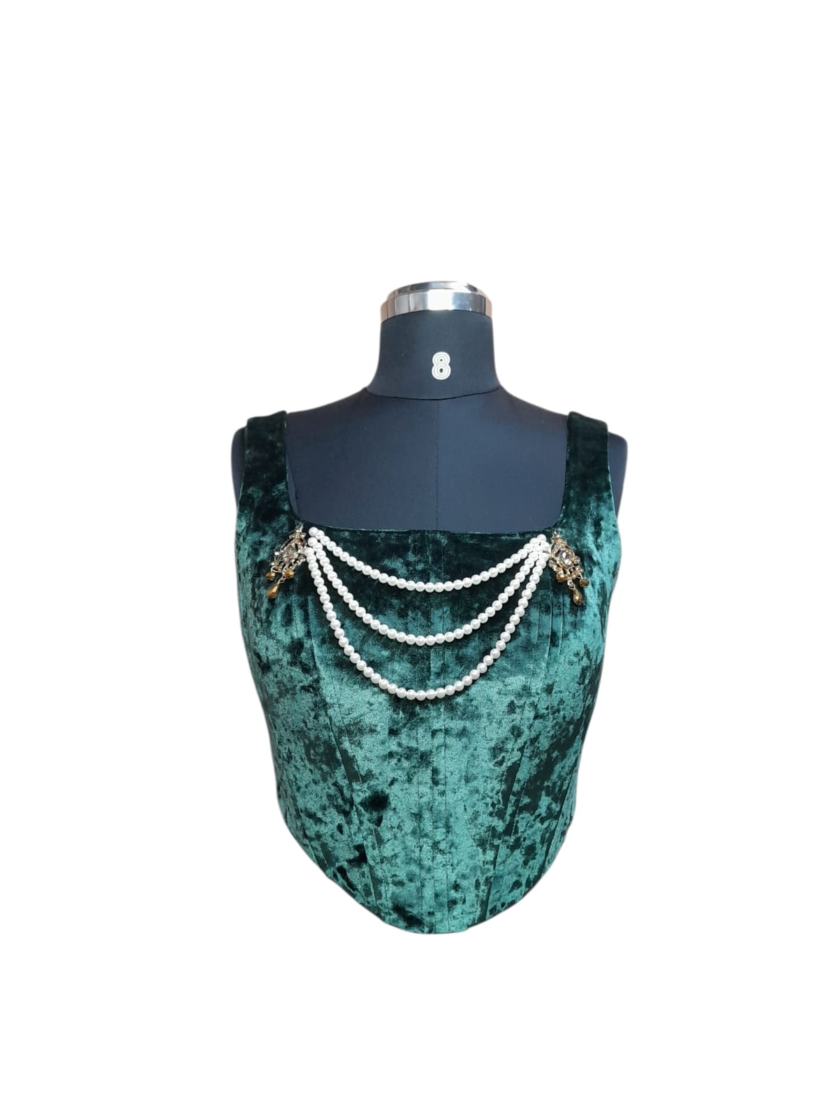 Emerald Green Velvet Corset Blouse with Pearl Chain