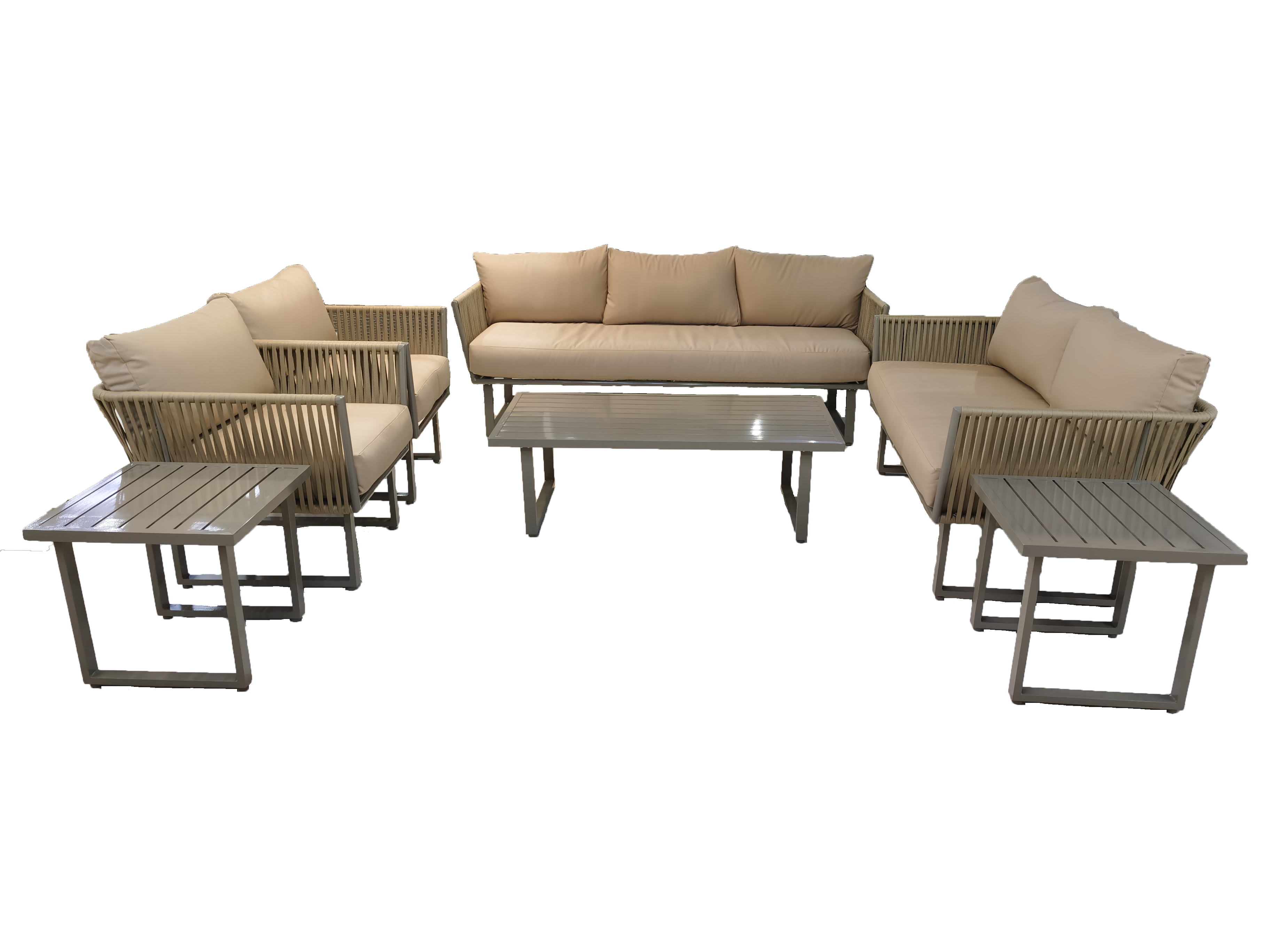 Aluminium 7 Seater Beige Rope Lounge Set With Coffee Table & Side Table
