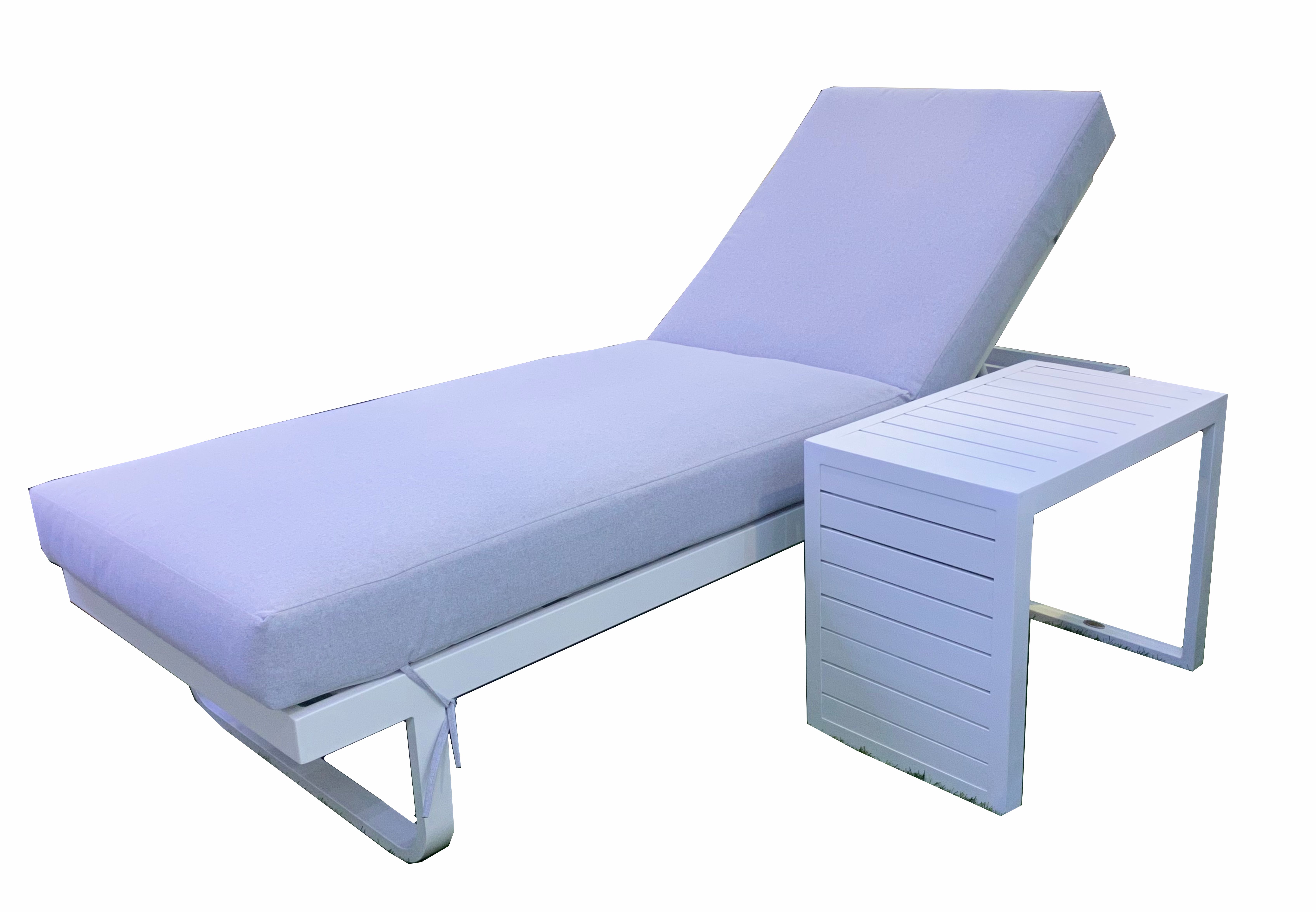White Aluminium Sunlounge with Grey Cushion and Side Table