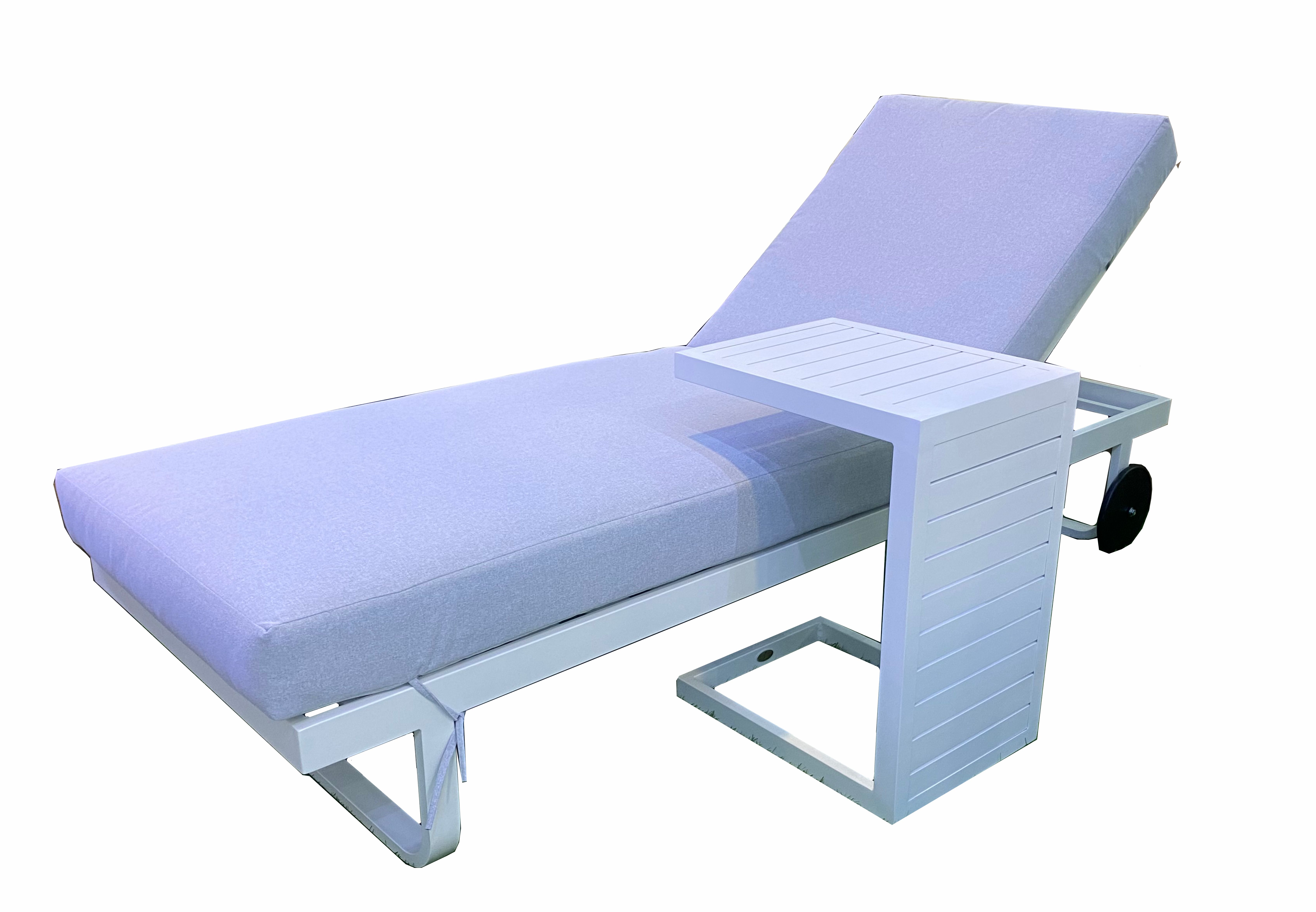 White Aluminium Sunlounge with Grey Cushion and Side Table