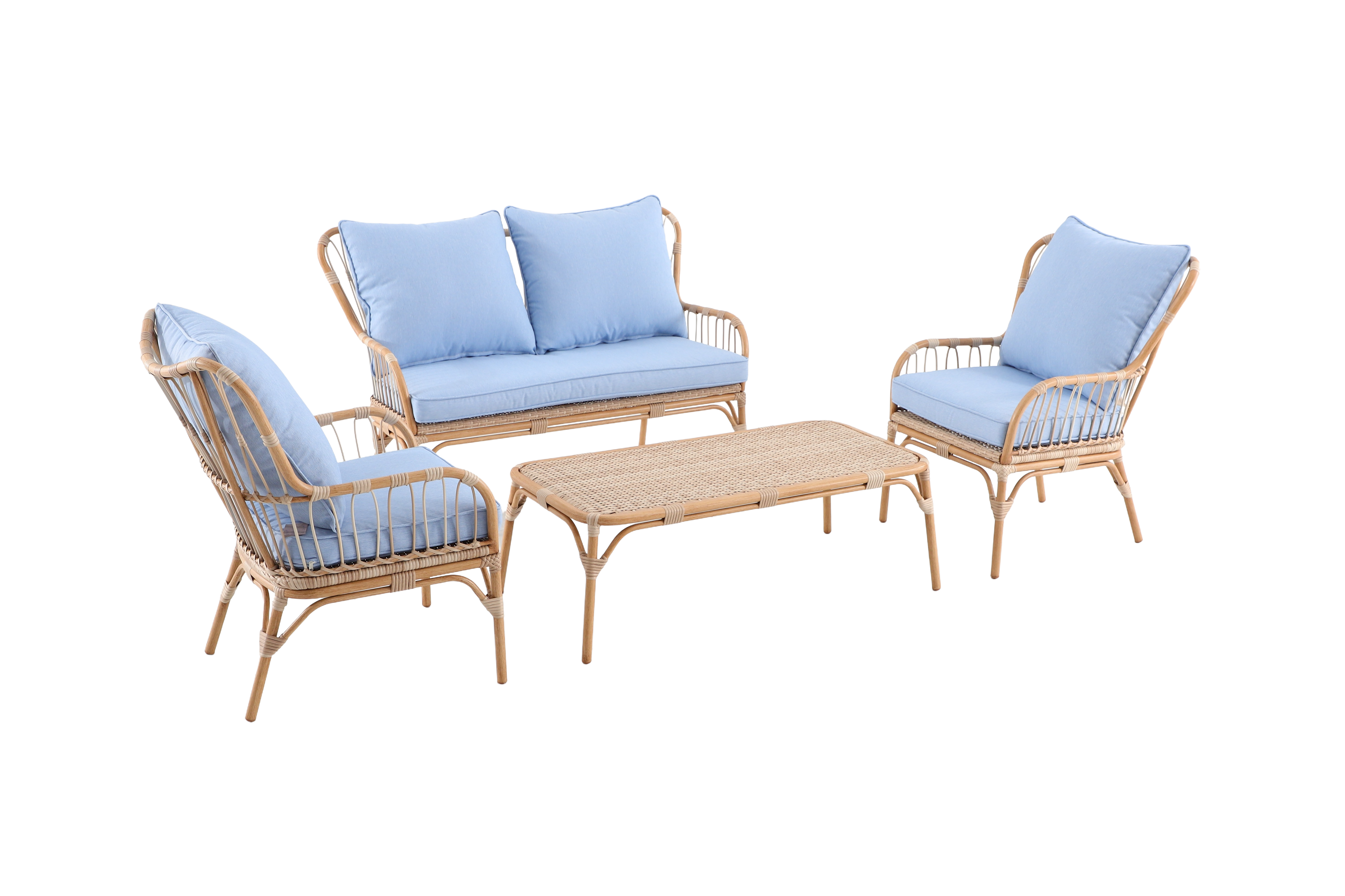4 Seater Aluminium Wood Paint Lounge Set With Blue Cushion