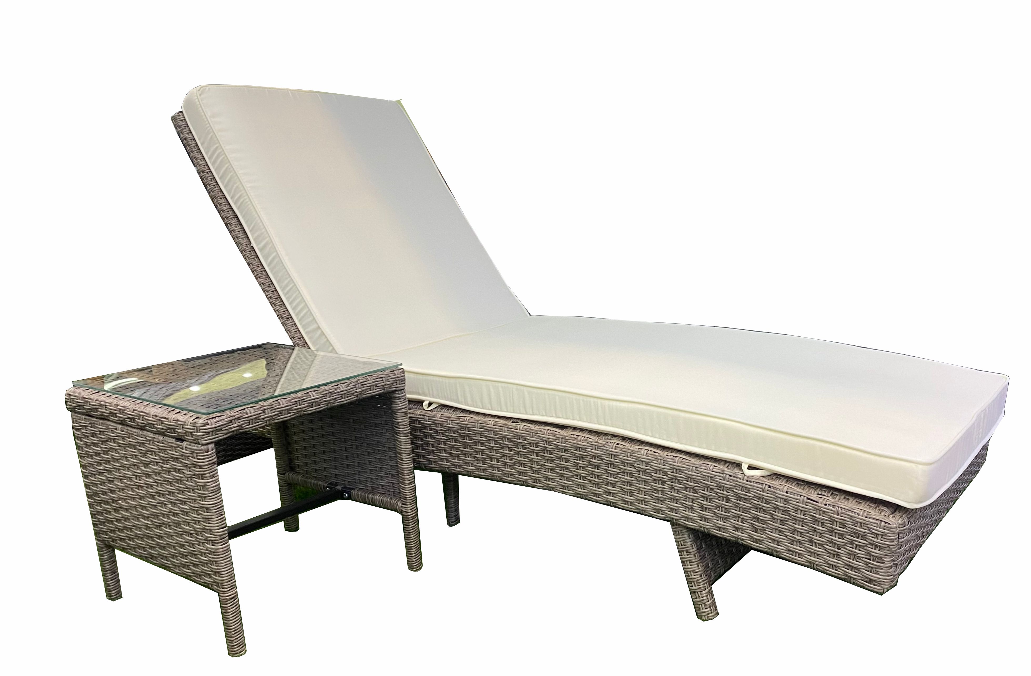Rattan Sun Lounger With Beige Cushion & Side Table Sun Lounger 