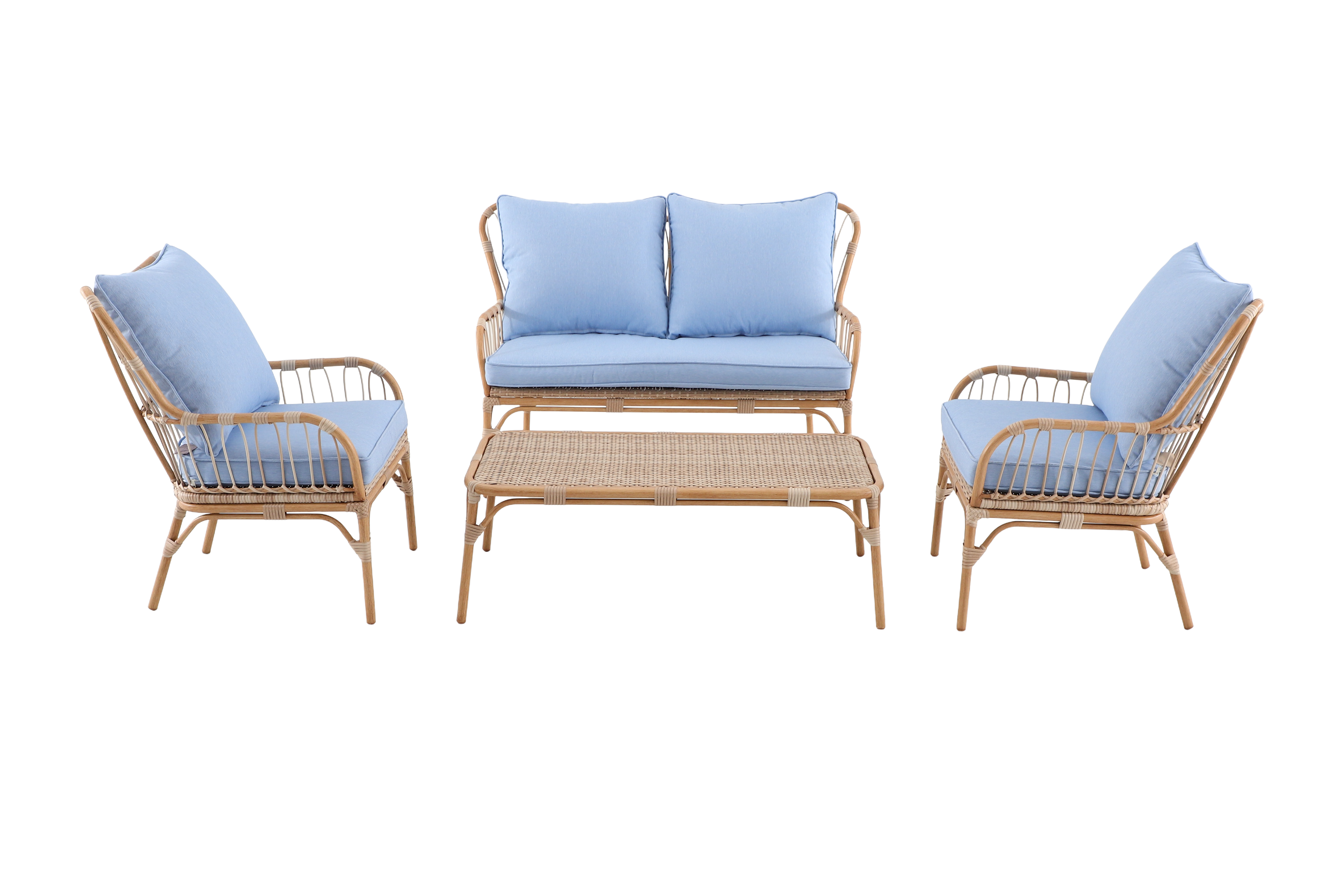 4 Seater Aluminium Wood Paint Lounge Set With Blue Cushion