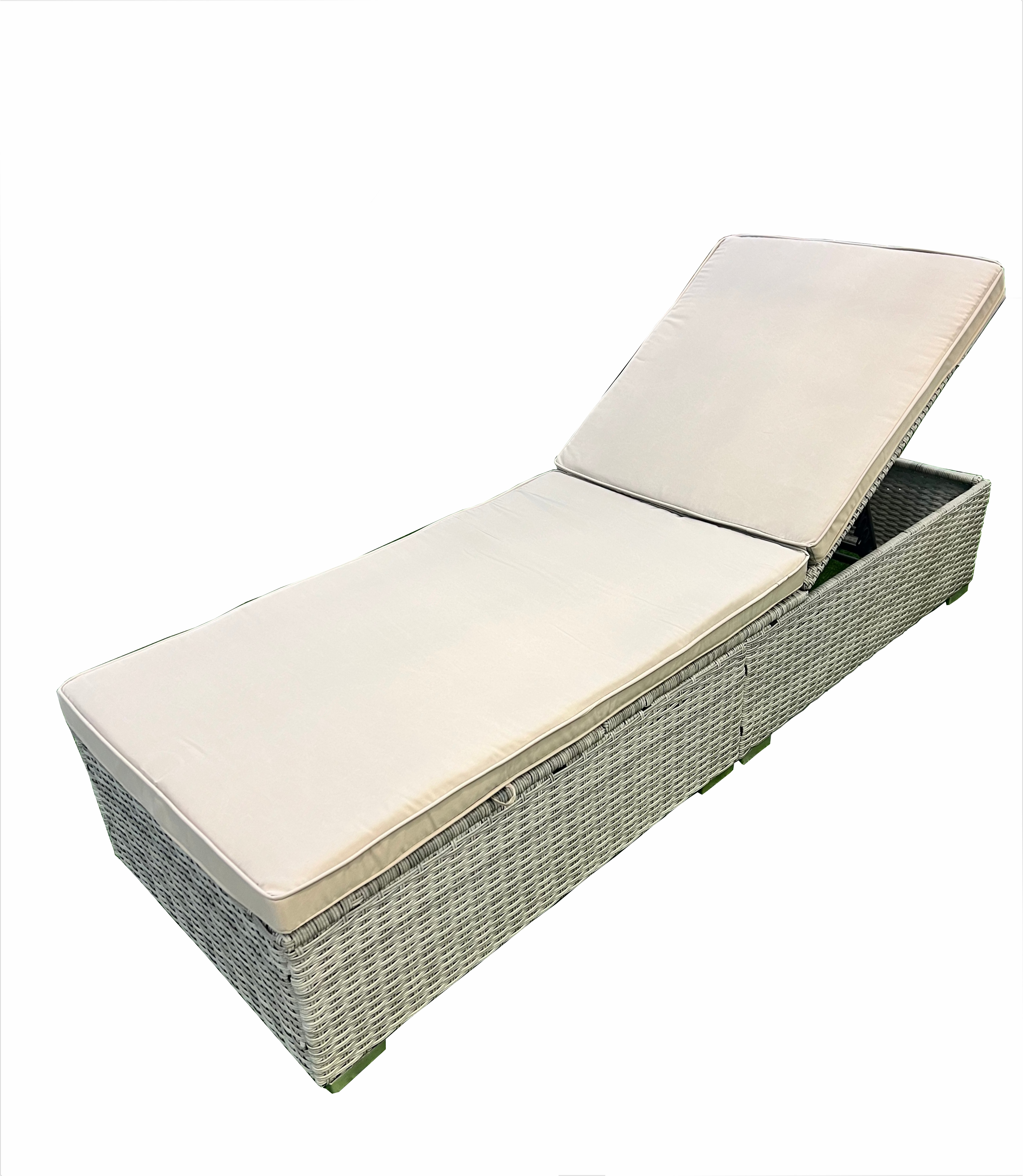 Rattan Sun Lounger With Beige Cushion & Side Table