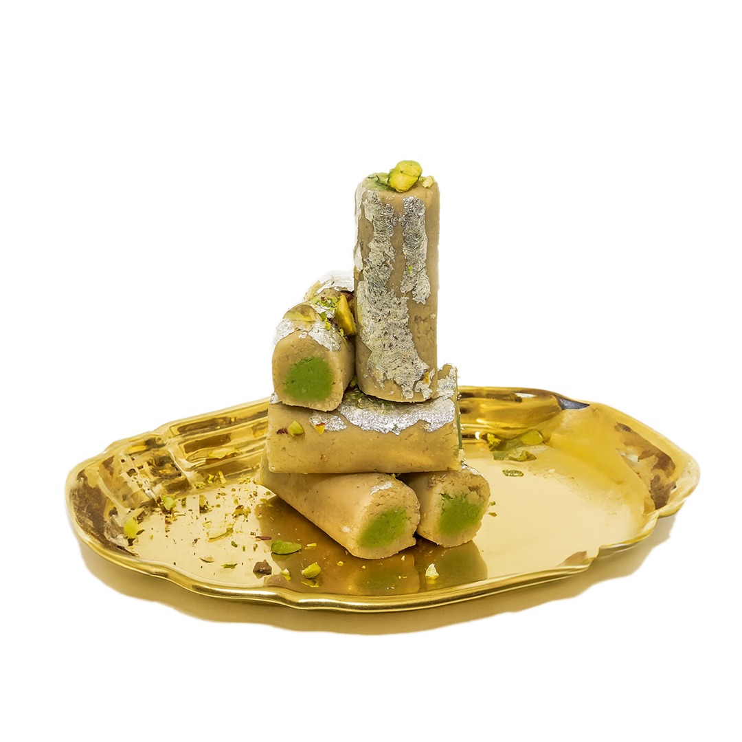 Elegant Gold Tray with Gourmet Pastries