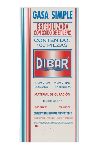 Gasa simple sterilizada con oxido de Etileno DIBAR 7.5CM X 5CM TEJIDO 20 X 12 C/100