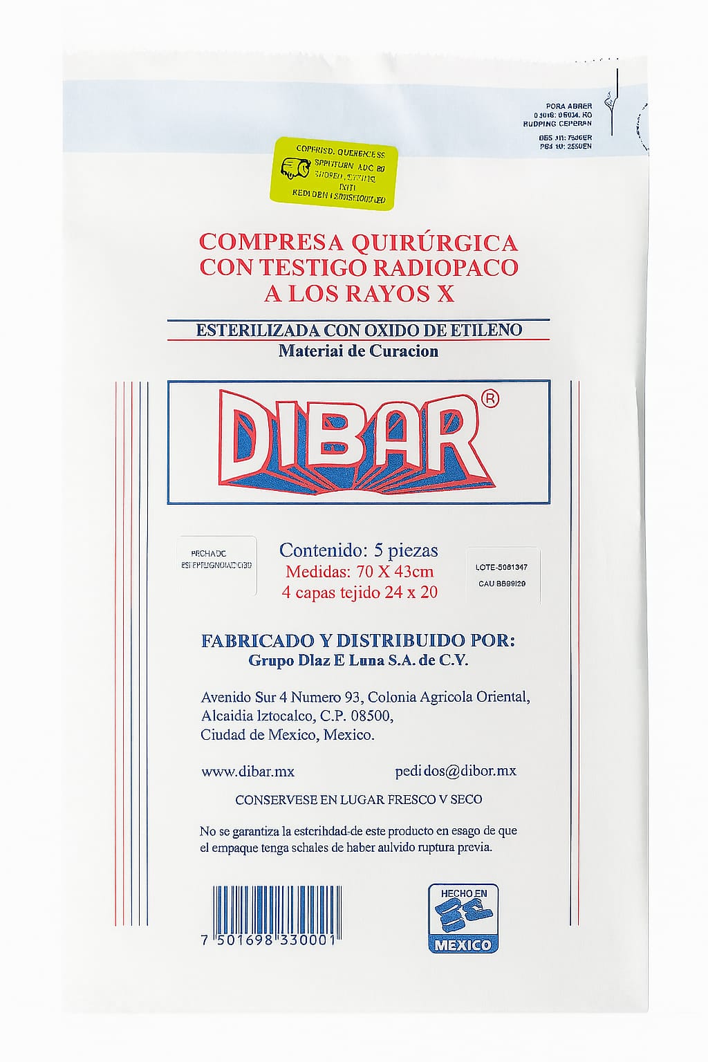 Compresa quirúrgica DIBAR CON TESTIGO RADIOPACO-ESTERILIZADA 