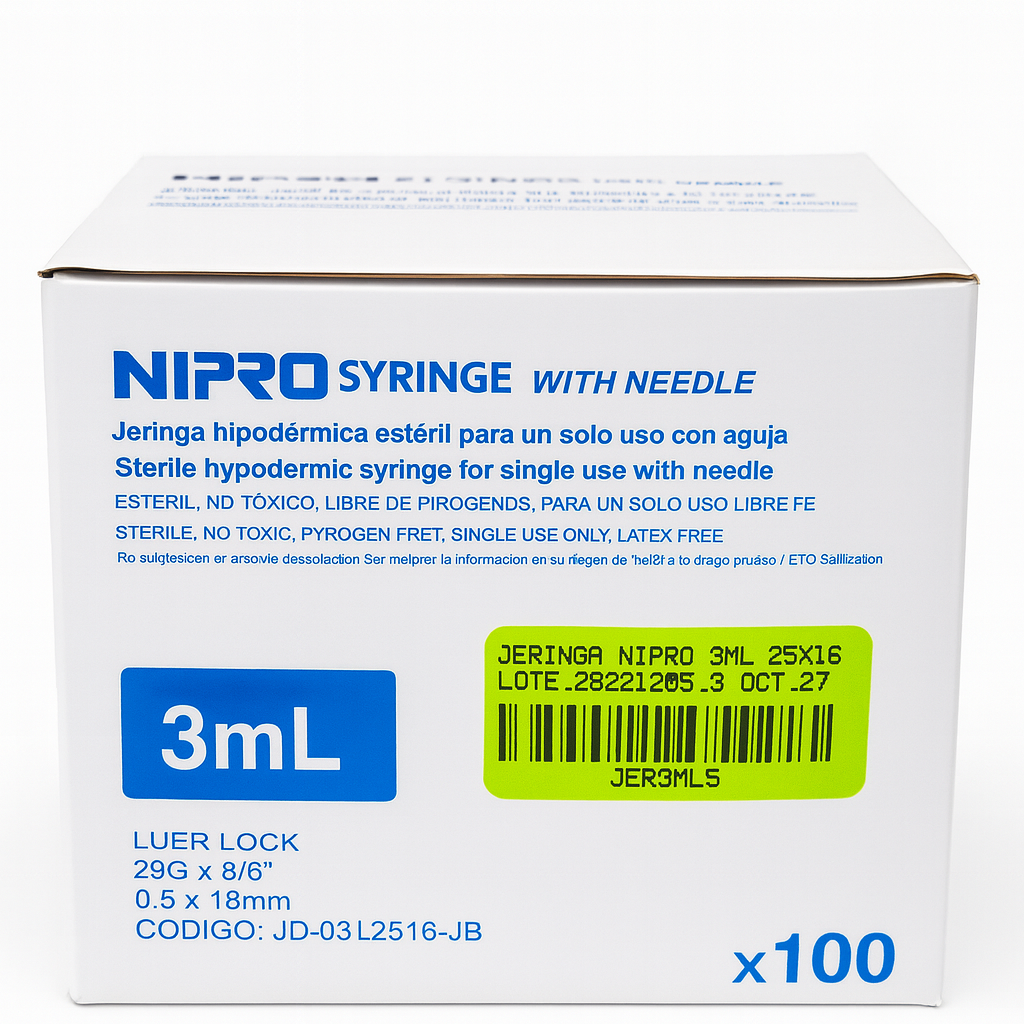 Jeringa hipodérmica Nipro 3mL x25g con aguja c/100