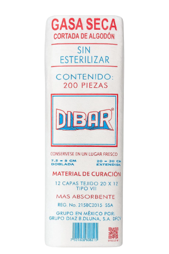 Gasa seca cortada de algodón DIBAR 7.5 X 5CM 12 CAPAS 