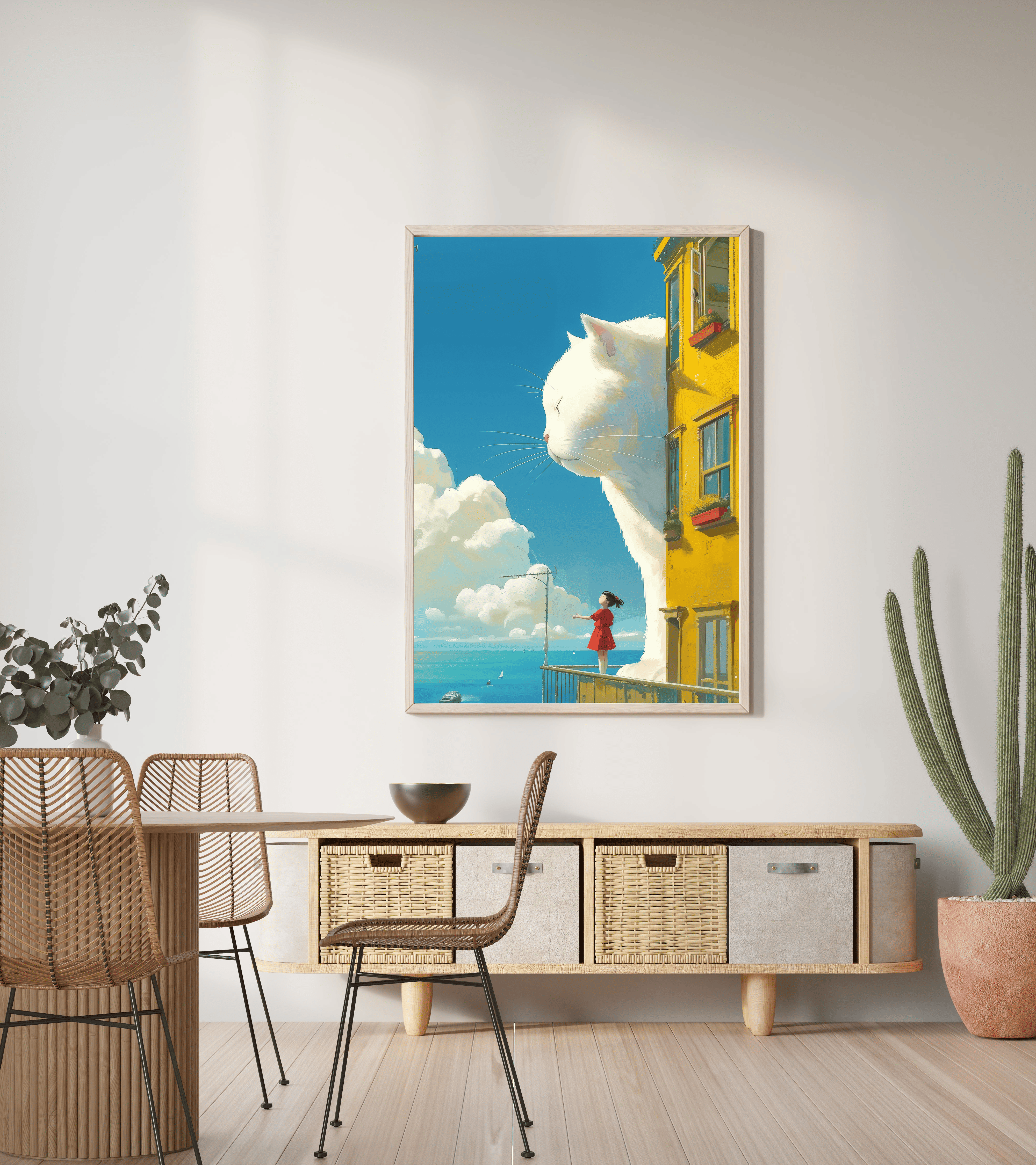Kedi ve Kız İllüstrasyonu Masalsı Duvar Posteri/Çerçevesiz