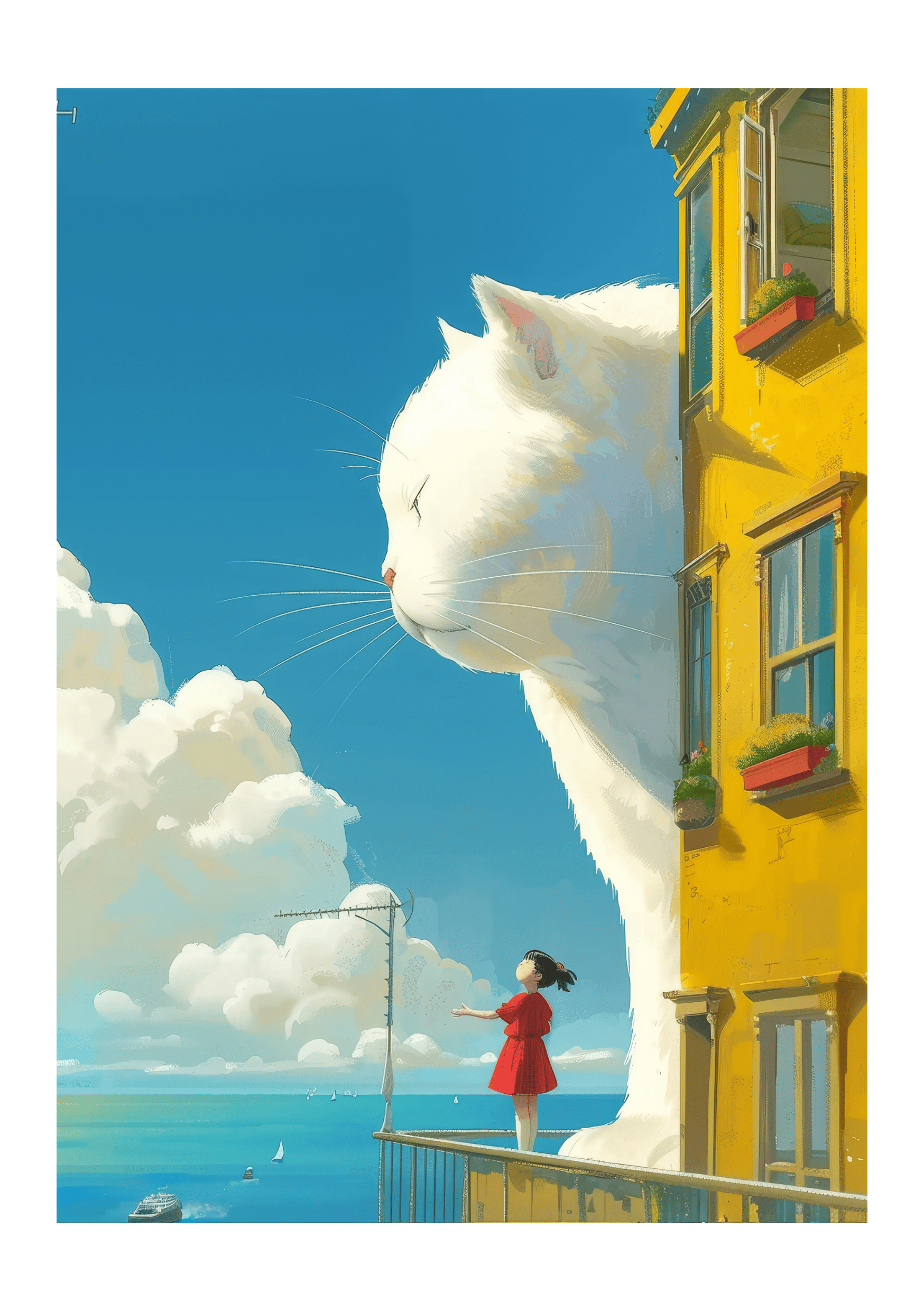 Kedi ve Kız İllüstrasyonu Masalsı Duvar Posteri/Çerçevesiz