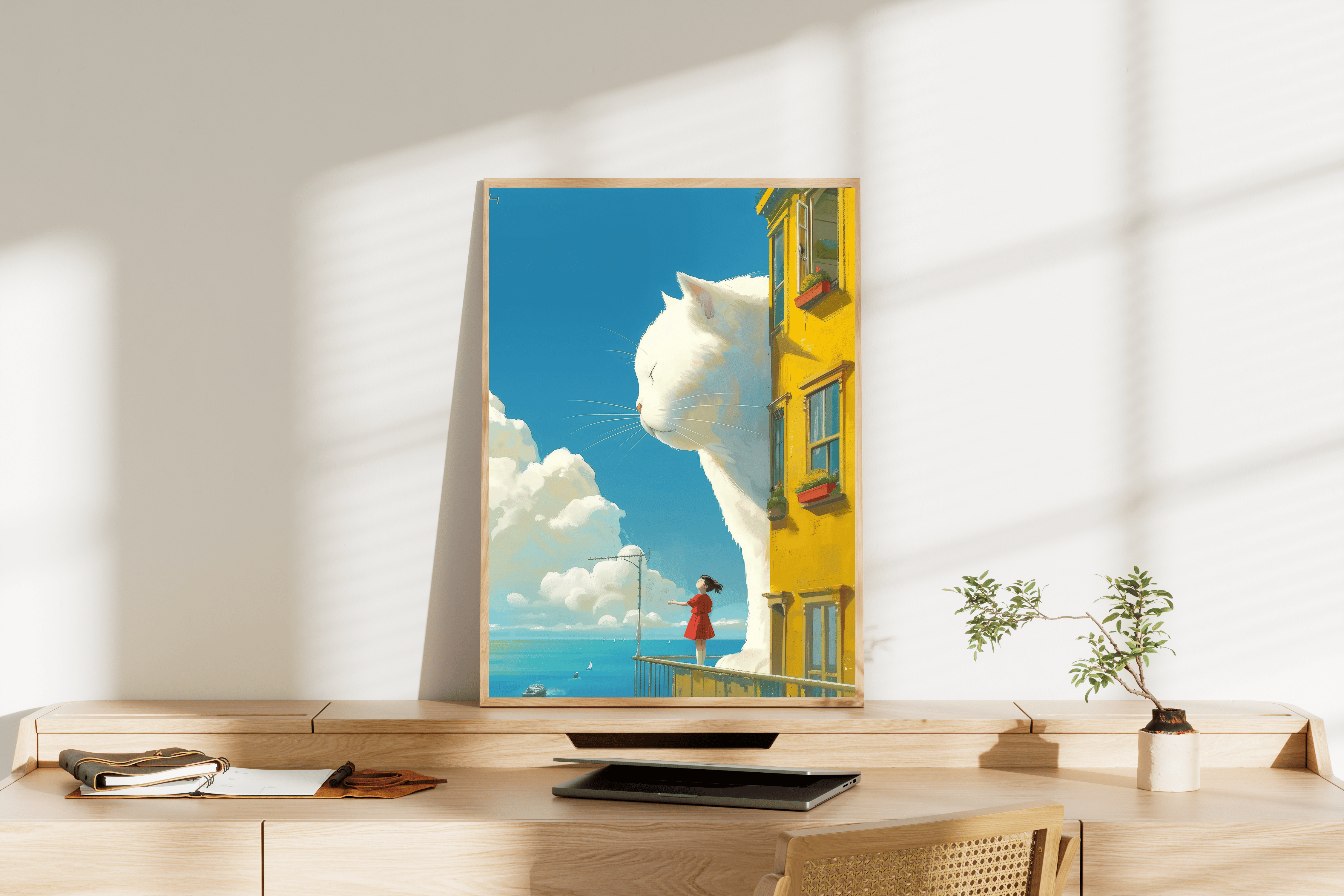 Kedi ve Kız İllüstrasyonu Masalsı Duvar Posteri/Çerçevesiz