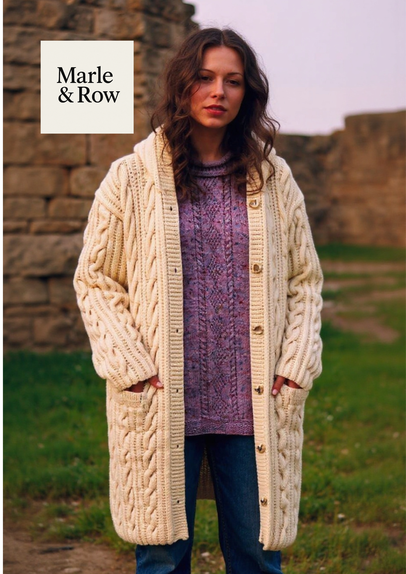 Knitting Pattern Women's Long Hooded Cabled Aran Coat #1228