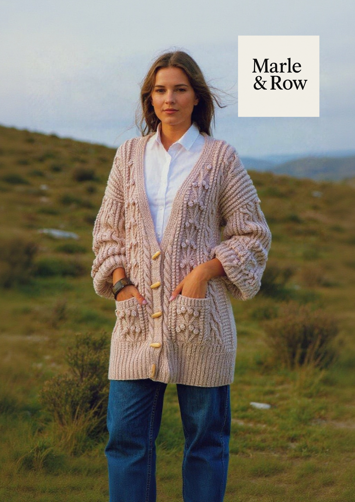 Women's Longline Aran Cardigan with Cables & Pockets 1181 - Knitting Pattern PDF - Instant Download - Marle & Row
