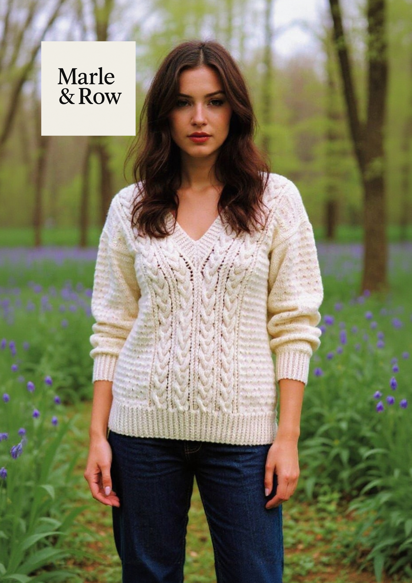 Women's V-Neck Aran-Style Long-Line Cable Sweater Jumper 1162 - Knitting Pattern PDF - Instant Download - Marle & Row