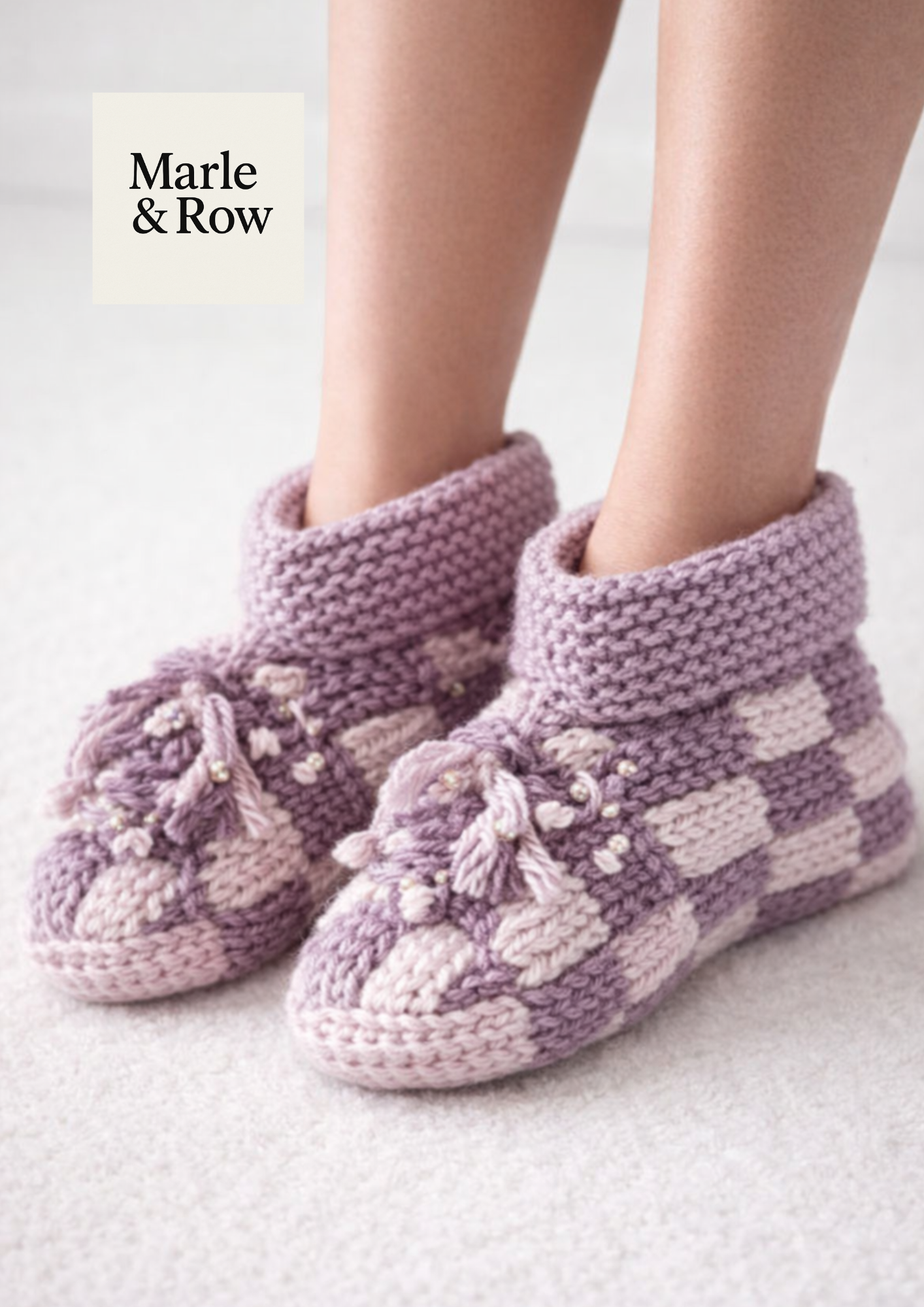 Women's Checkered Pompom Slippers #1263 - Knitting Pattern PDF - Instant Download - Marle & Row
