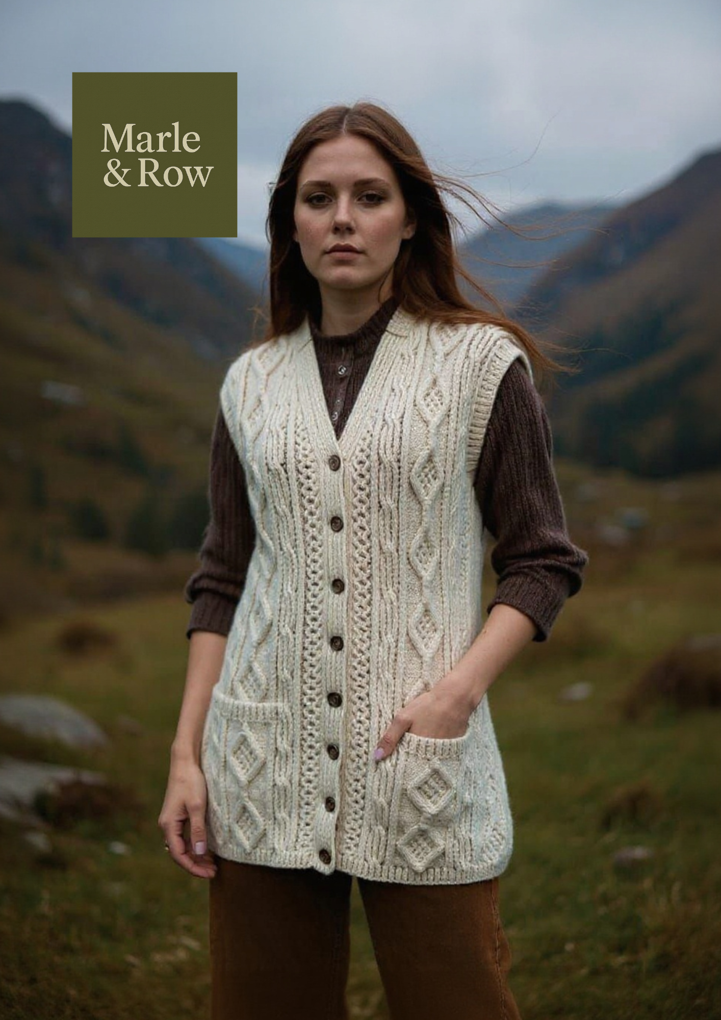 Women's Long Sleeveless Aran Cardigan/Waistcoat/Vest 1165 - Knitting Pattern PDF - Instant Download - Marle & Row