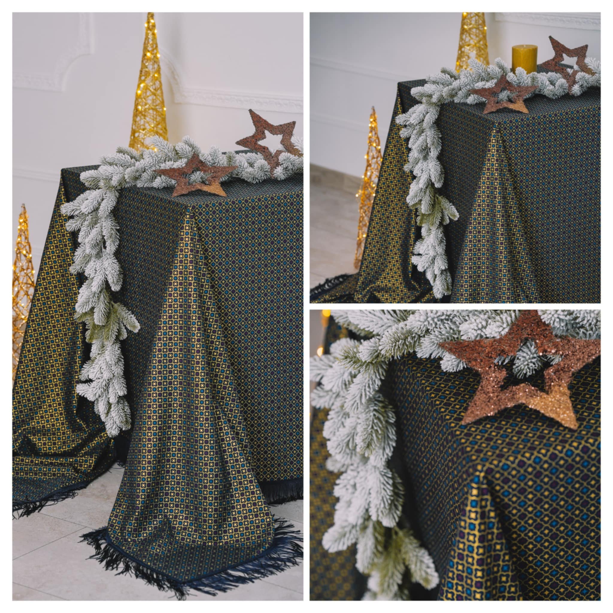 Karališka mėlyna staltiesė su auksiniais motyvais "PARYŽIAUS NAKTIS"