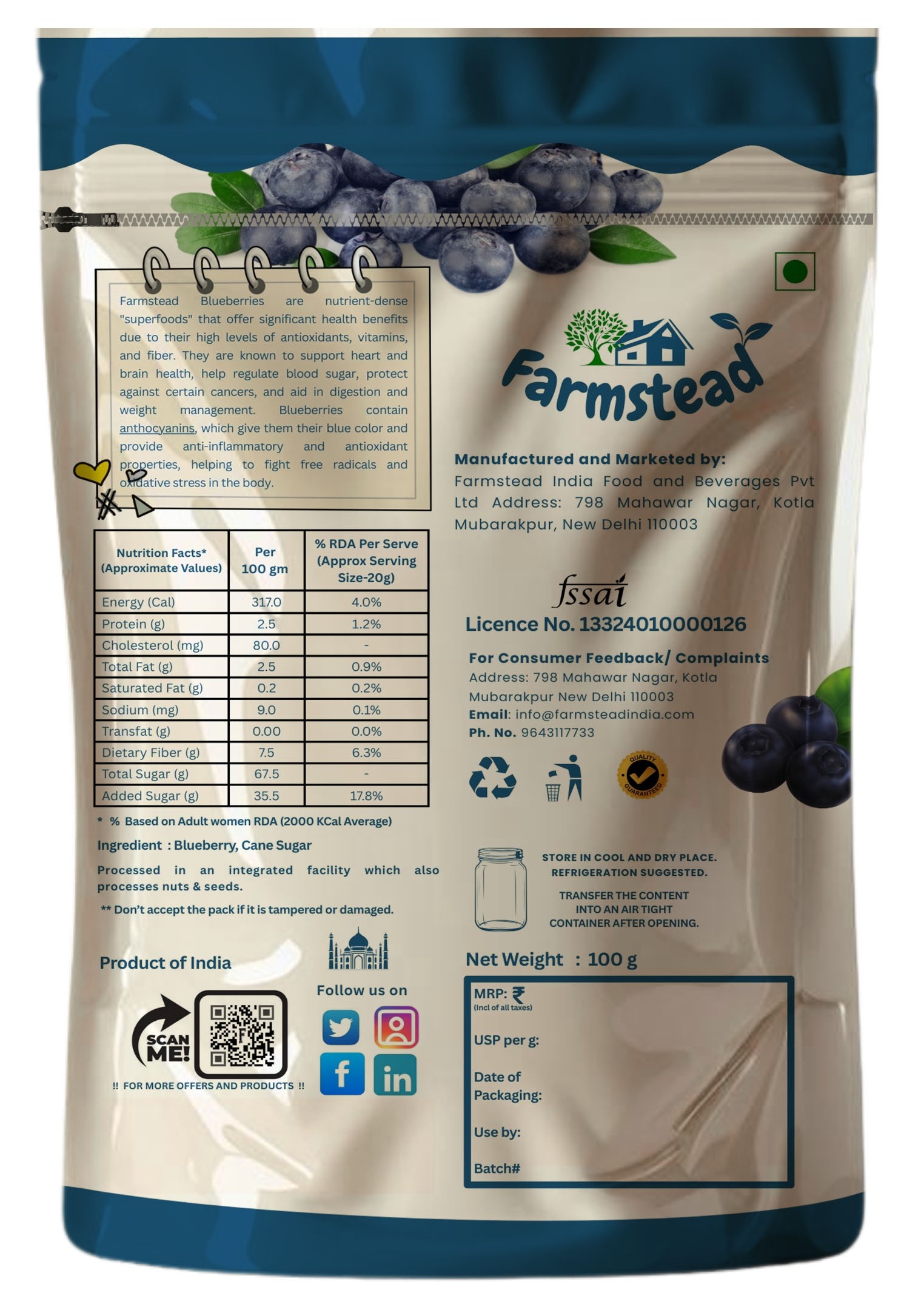 Farmstead Premium Blueberries 200 g (Pack of 2) || Rich in Antioxidants and Vitamin C & E || Non-GMO & No Preservatives || Ideal For Snacking