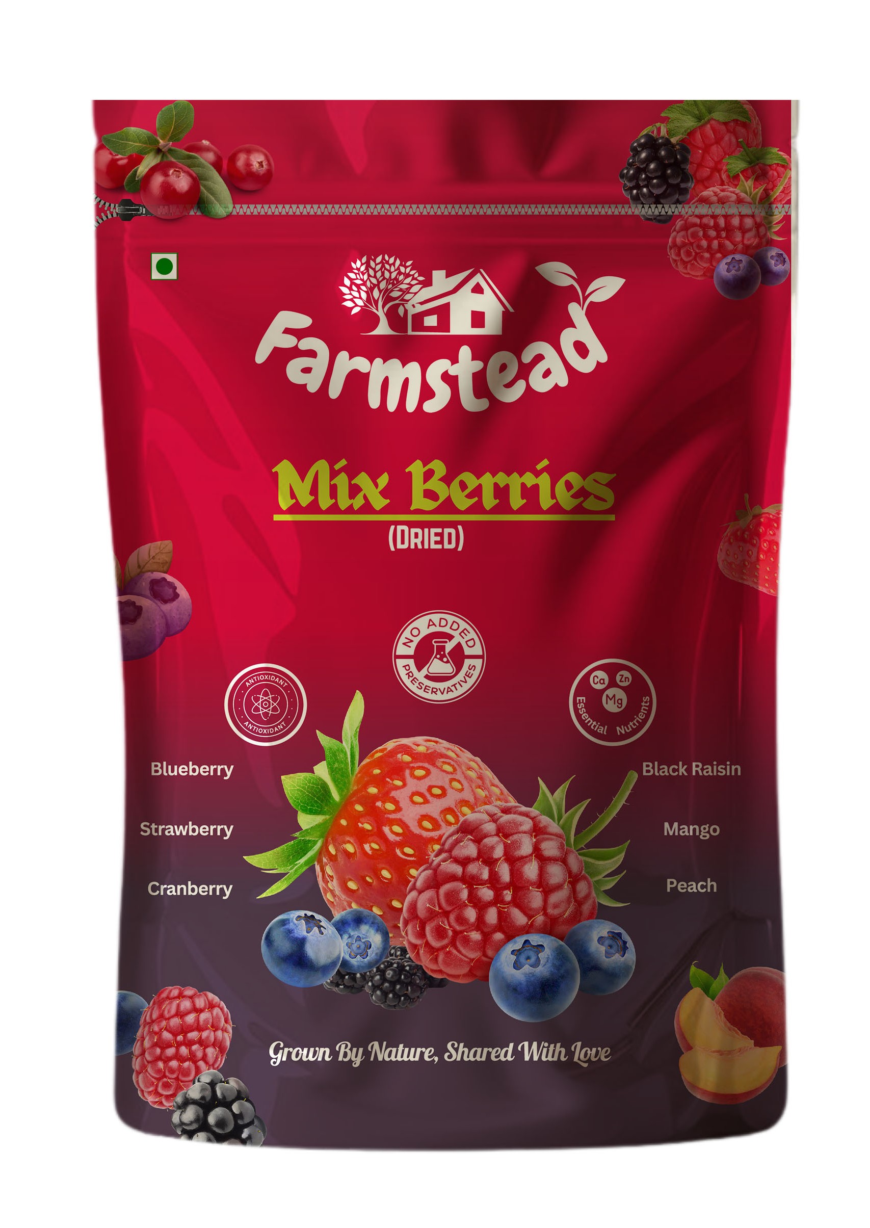 Farmstead Mix Berries 200g (Pack of 1) || 6-In-1 Healthly Snacks Contains Blueberry, Cranberry, Strawberry, Black Raisins, Mango & Peach ||