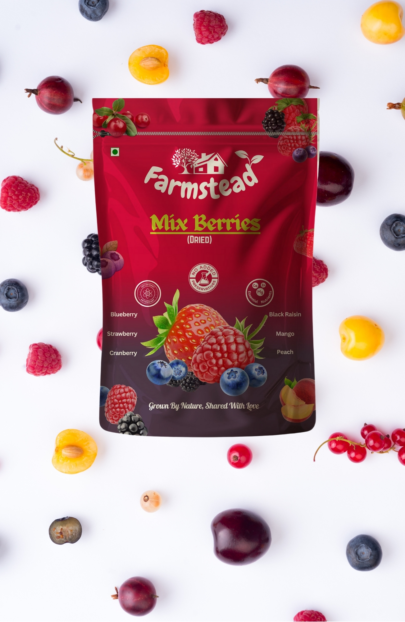 Farmstead Mix Berries 200g (Pack of 1) || 6-In-1 Healthly Snacks Contains Blueberry, Cranberry, Strawberry, Black Raisins, Mango & Peach ||