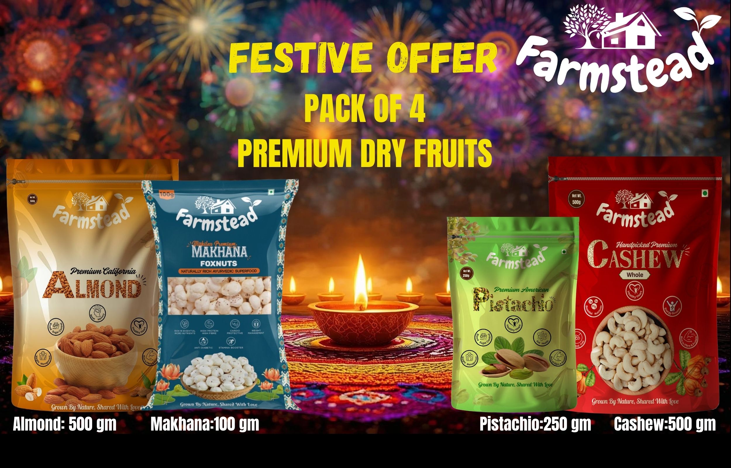 Farmstead Dry Fruits Combo Pack 1.35 Kg | American Almonds (500g), Cashew (500g), Pistachio (250g) and Makhana (100g)