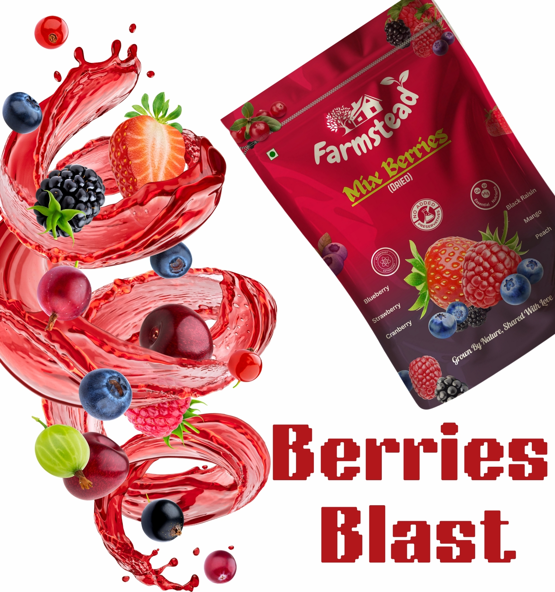 Farmstead Mix Berries 200g (Pack of 1) || 6-In-1 Healthly Snacks Contains Blueberry, Cranberry, Strawberry, Black Raisins, Mango & Peach ||