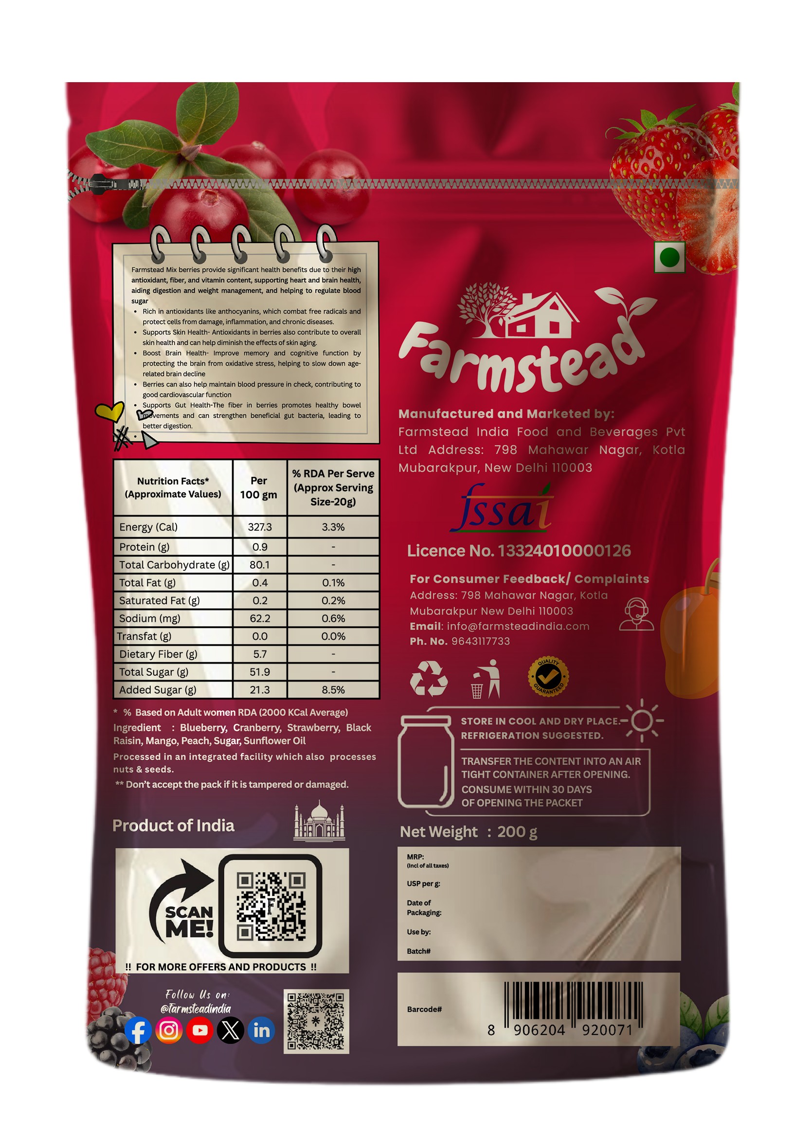 Farmstead Mix Berries 200g (Pack of 1) || 6-In-1 Healthly Snacks Contains Blueberry, Cranberry, Strawberry, Black Raisins, Mango & Peach ||