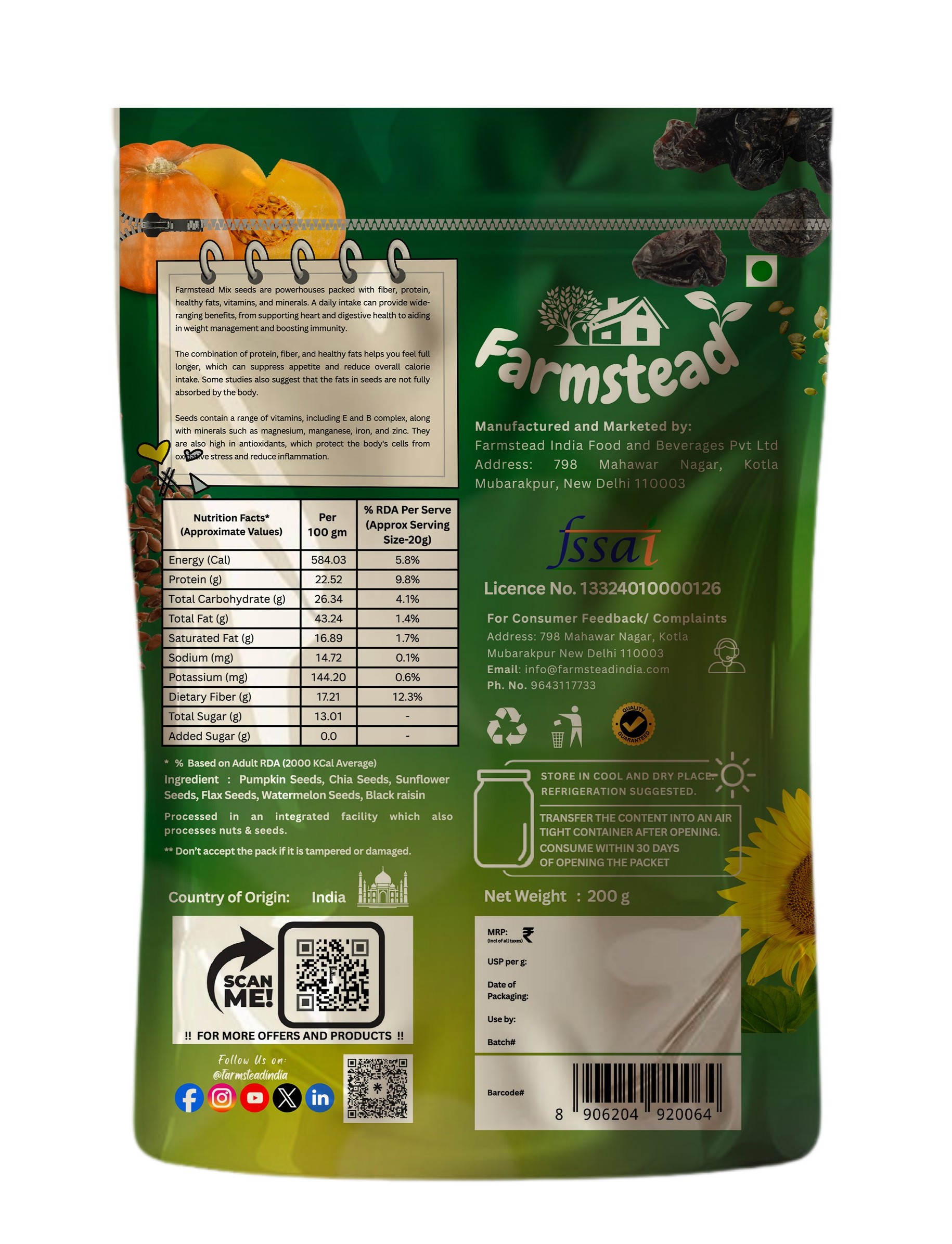 Farmstead Preimum Mixed Seeds (200 g) - Edible Seeds | Healthy | Diet Snacks | 100% Natural - Pumpkin, Watermelon, Sunflower, Flax, Chia, Black Raisin