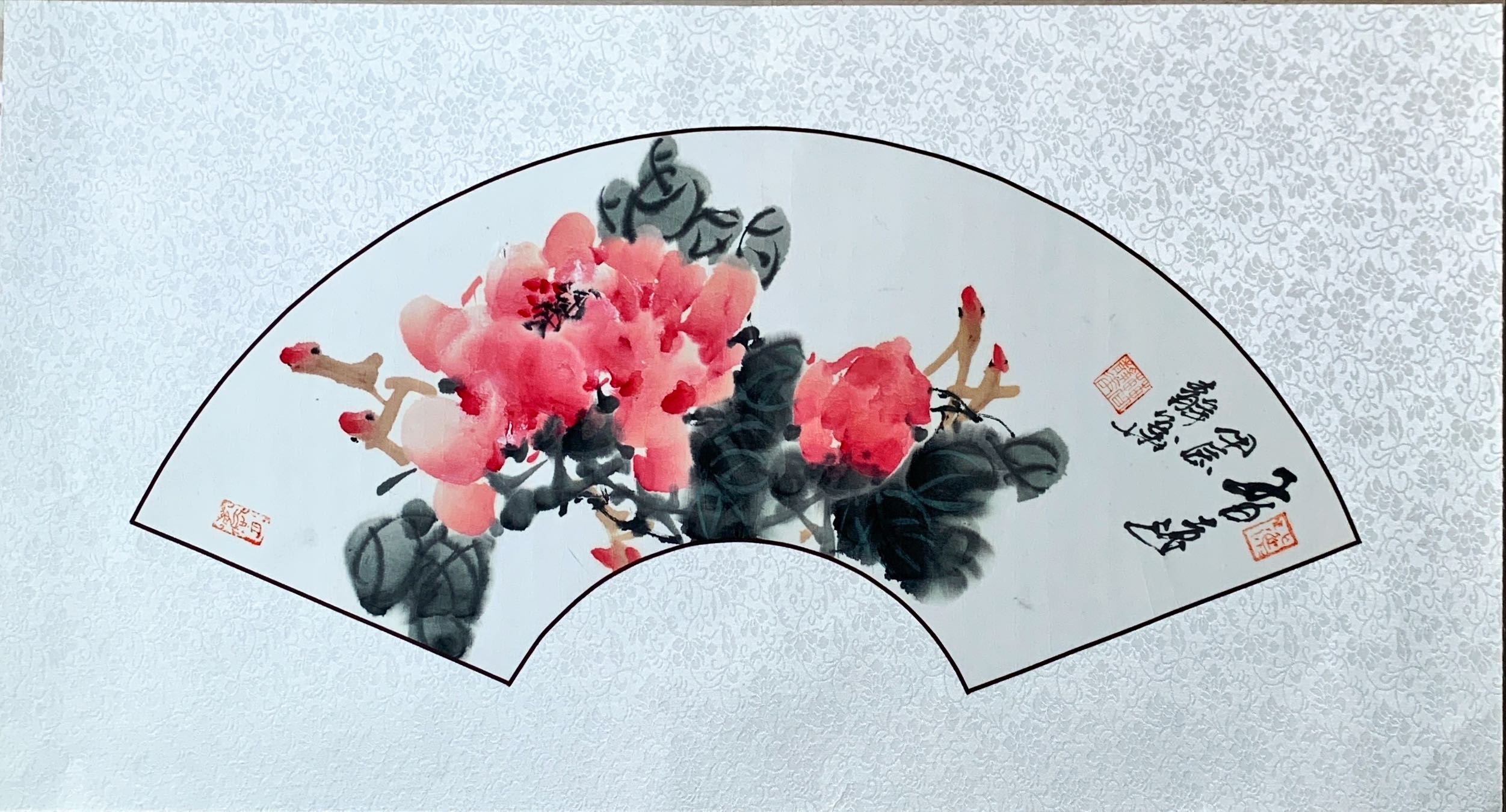 Chinese Fan Painting with Peony Flowers
