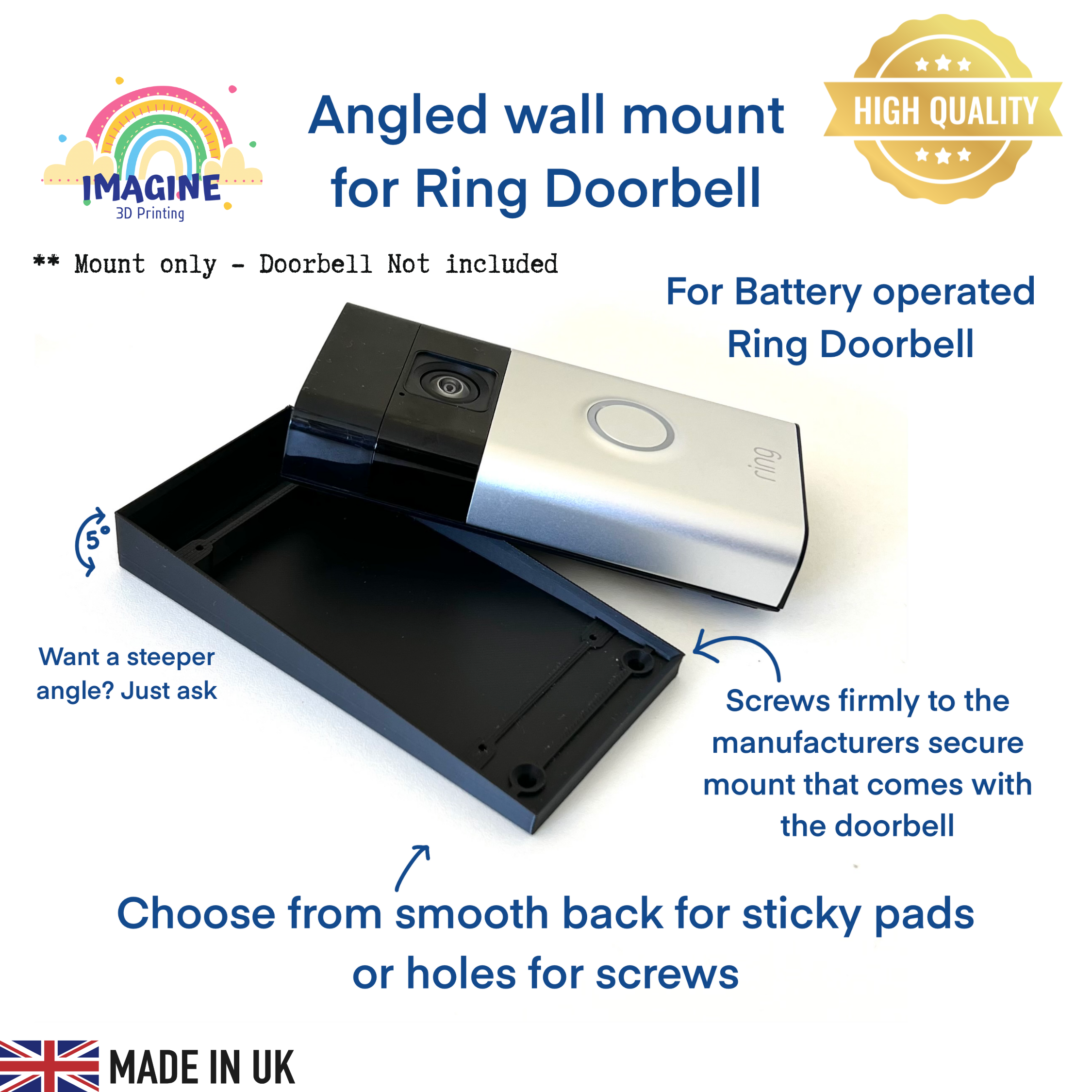 5 degree Angled Ring Doorbell Mount, Improves Floor View | ABS Weatherproof | Custom Angles Available |Screw or Adhesive Fixing