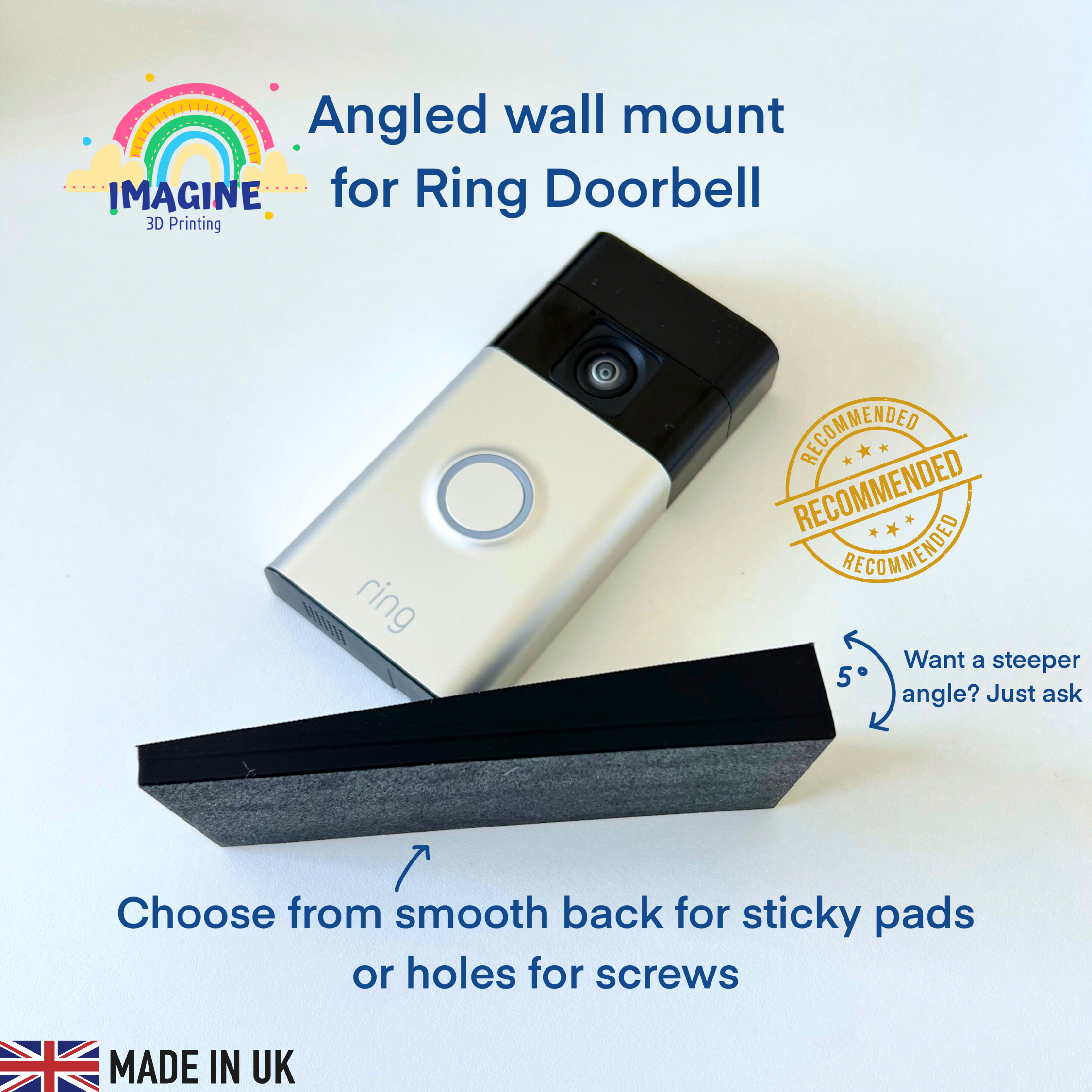 5 degree Angled Ring Doorbell Mount, Improves Floor View | ABS Weatherproof | Custom Angles Available |Screw or Adhesive Fixing