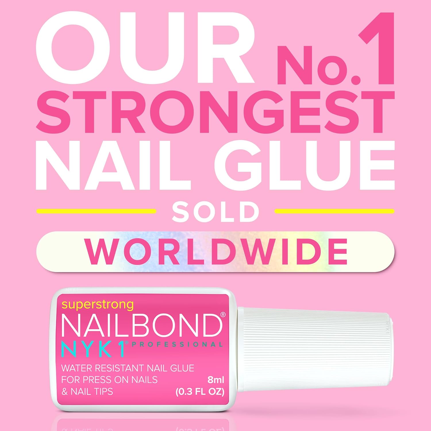 Nail Glue for Press On Nails, Nail Tips & Acrylic Nails (8ml) NYK1 NailBond Brush On Glue for Press Ons, Tips & Acrylics - Long Lasting, Maximum Strength, Mess-Free Application