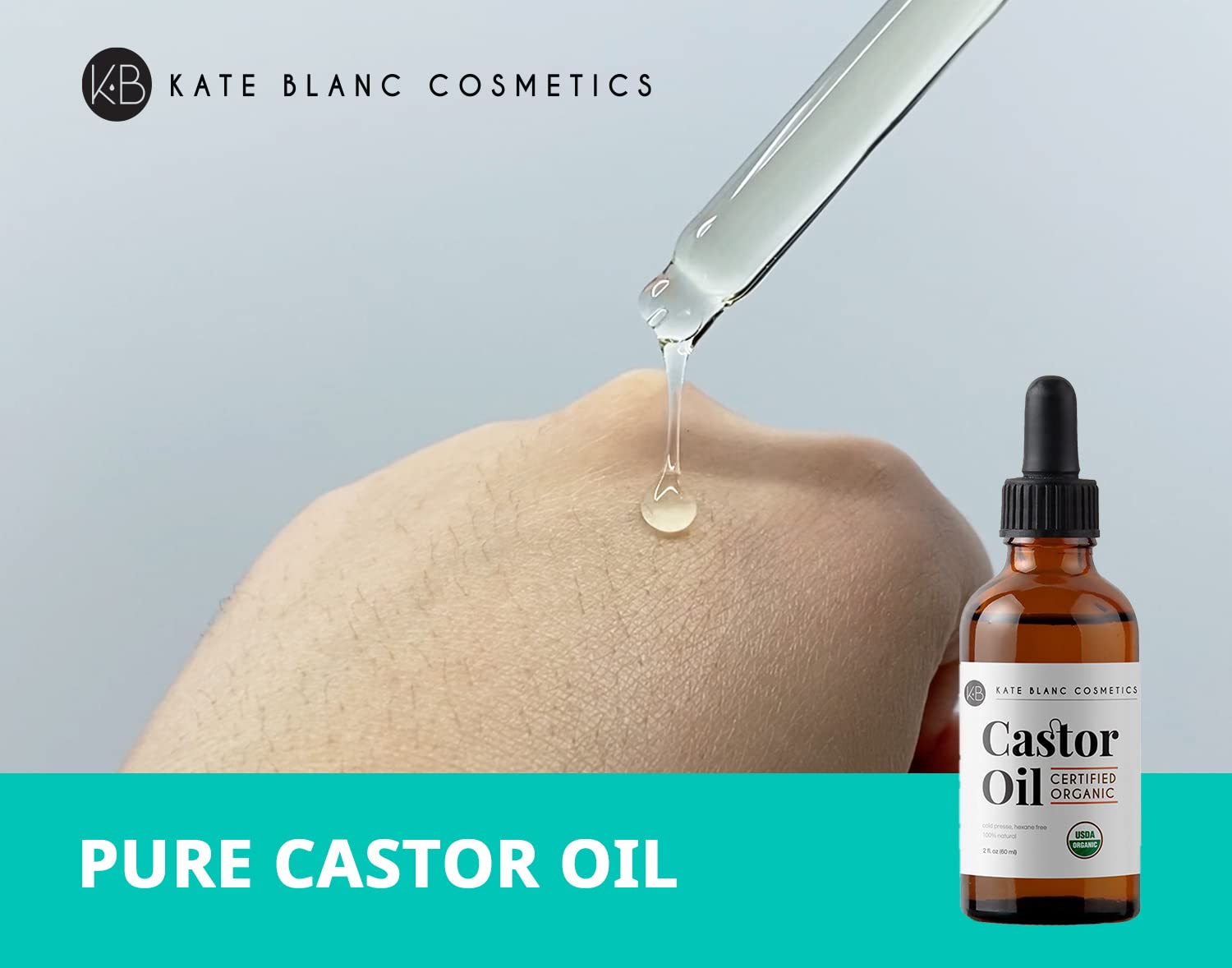 Kate Blanc Cosmetics Castor Oil Organic (2oz), 100% Pure, Cold Pressed, Hexane Free. Natural Oil for Hair, Eyelashes, Eyebrows. Skin Moisturizer with...