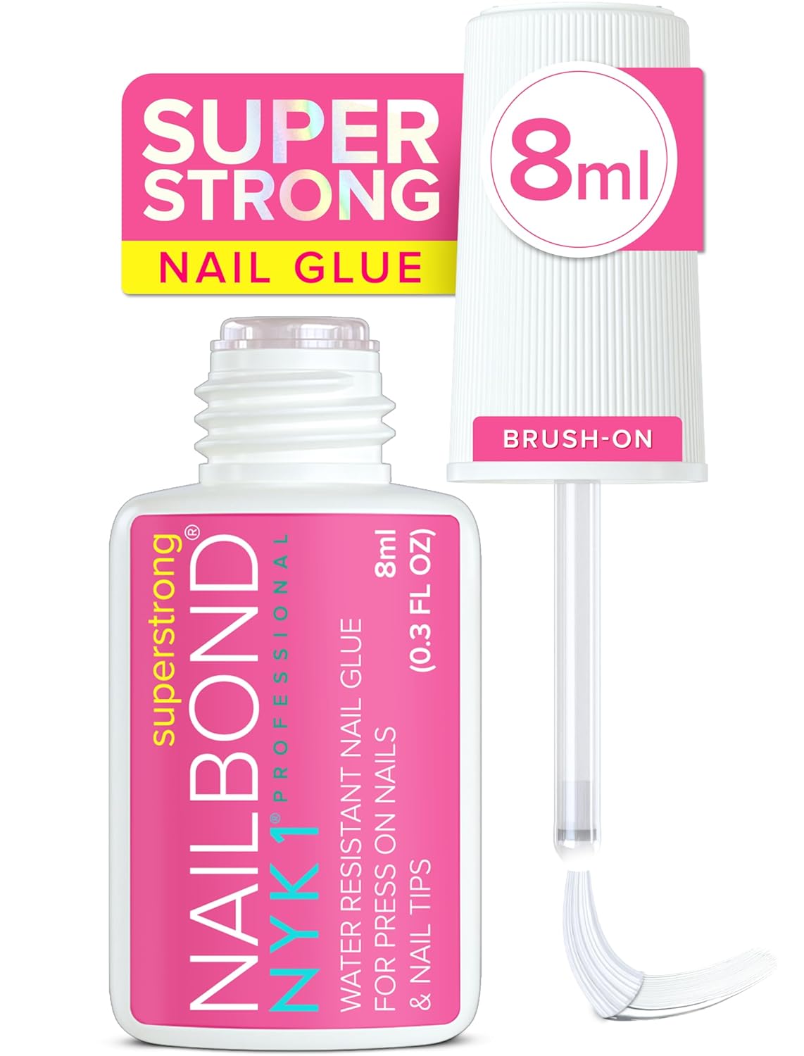 Nail Glue for Press On Nails, Nail Tips & Acrylic Nails (8ml) NYK1 NailBond Brush On Glue for Press Ons, Tips & Acrylics - Long Lasting, Maximum Strength, Mess-Free Application