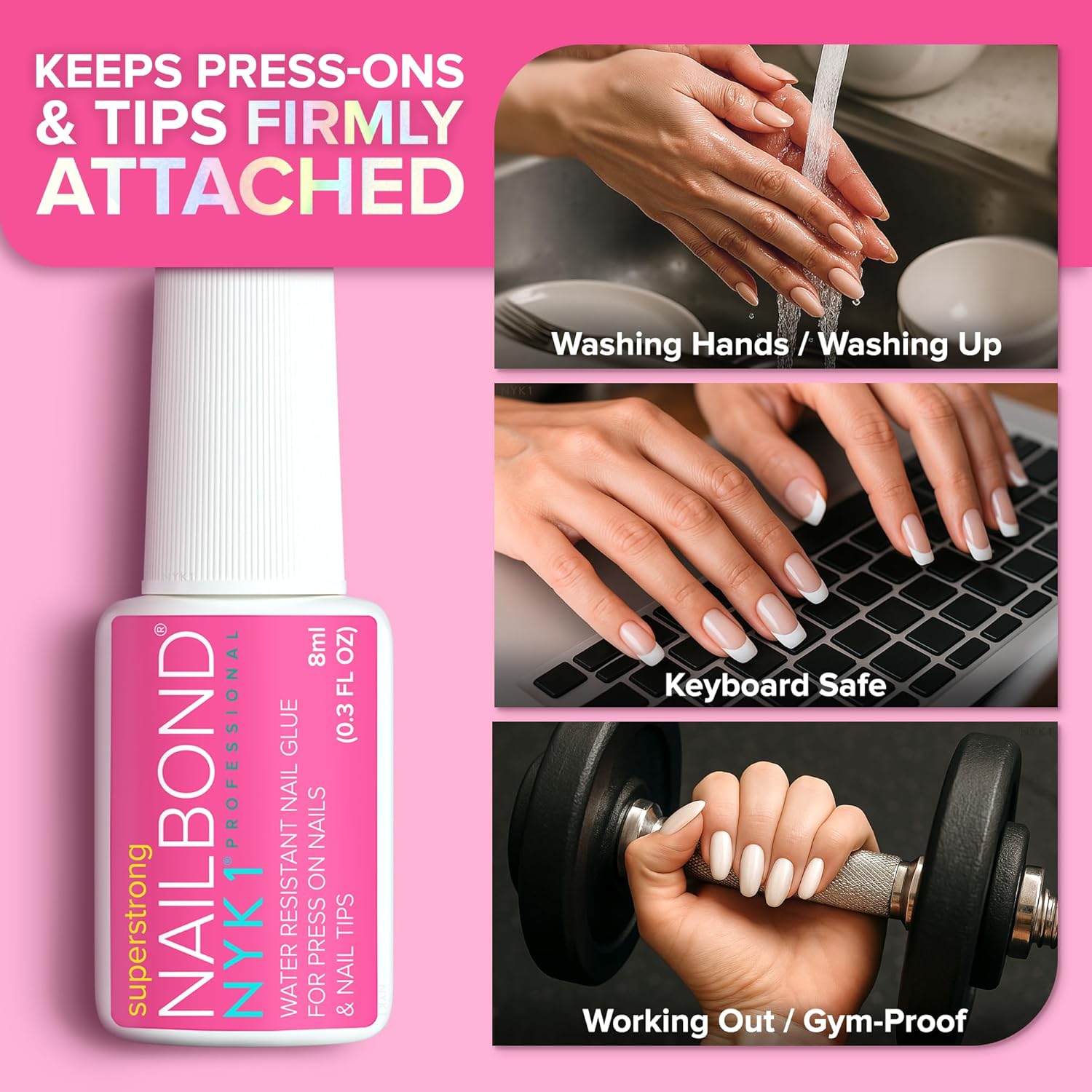 Nail Glue for Press On Nails, Nail Tips & Acrylic Nails (8ml) NYK1 NailBond Brush On Glue for Press Ons, Tips & Acrylics - Long Lasting, Maximum Strength, Mess-Free Application