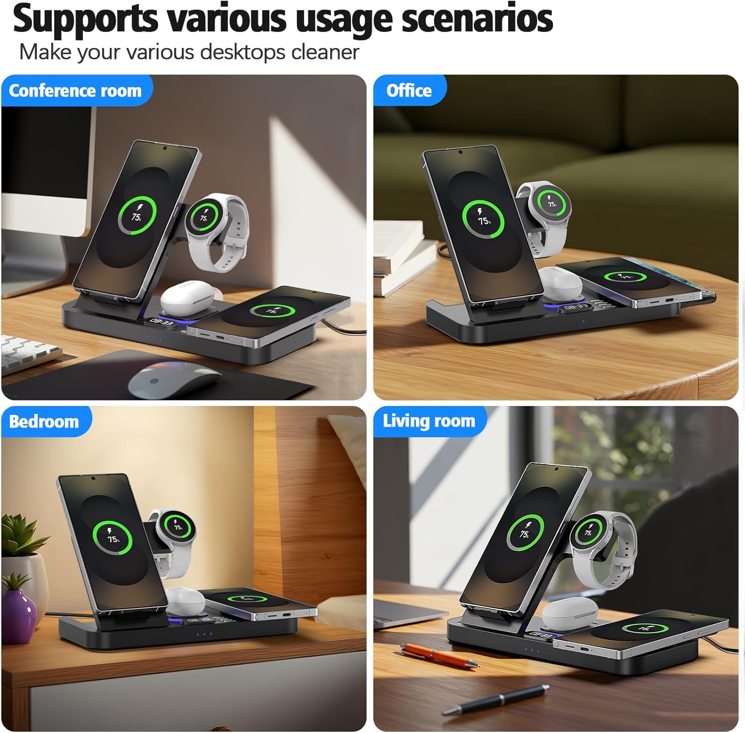 2025 Wireless Charger for Samsung, 6 in 1 Charging Station,30W Dual Wireless Charger Phone with Clock & 7-Color Night Light,for Samsung S25,for Galaxy Buds for Samsung Galaxy Watch