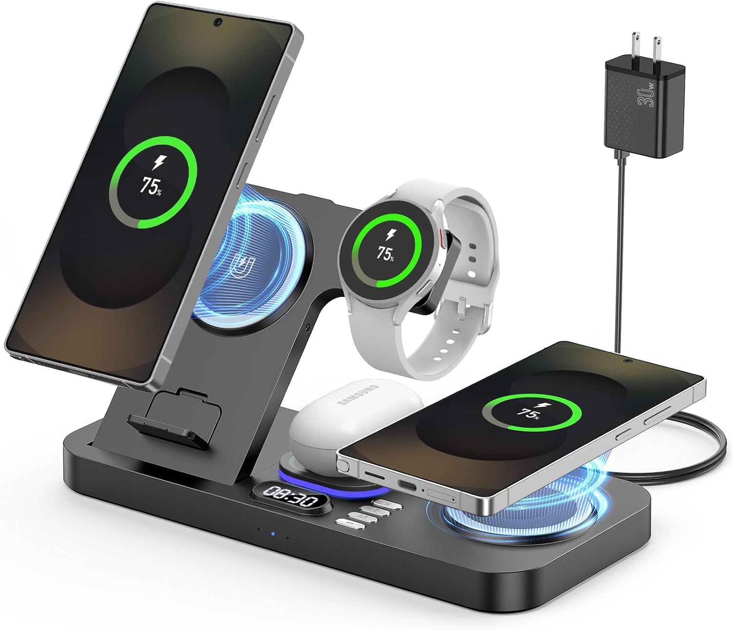 2025 Wireless Charger for Samsung, 6 in 1 Charging Station,30W Dual Wireless Charger Phone with Clock & 7-Color Night Light,for Samsung S25,for Galaxy Buds for Samsung Galaxy Watch