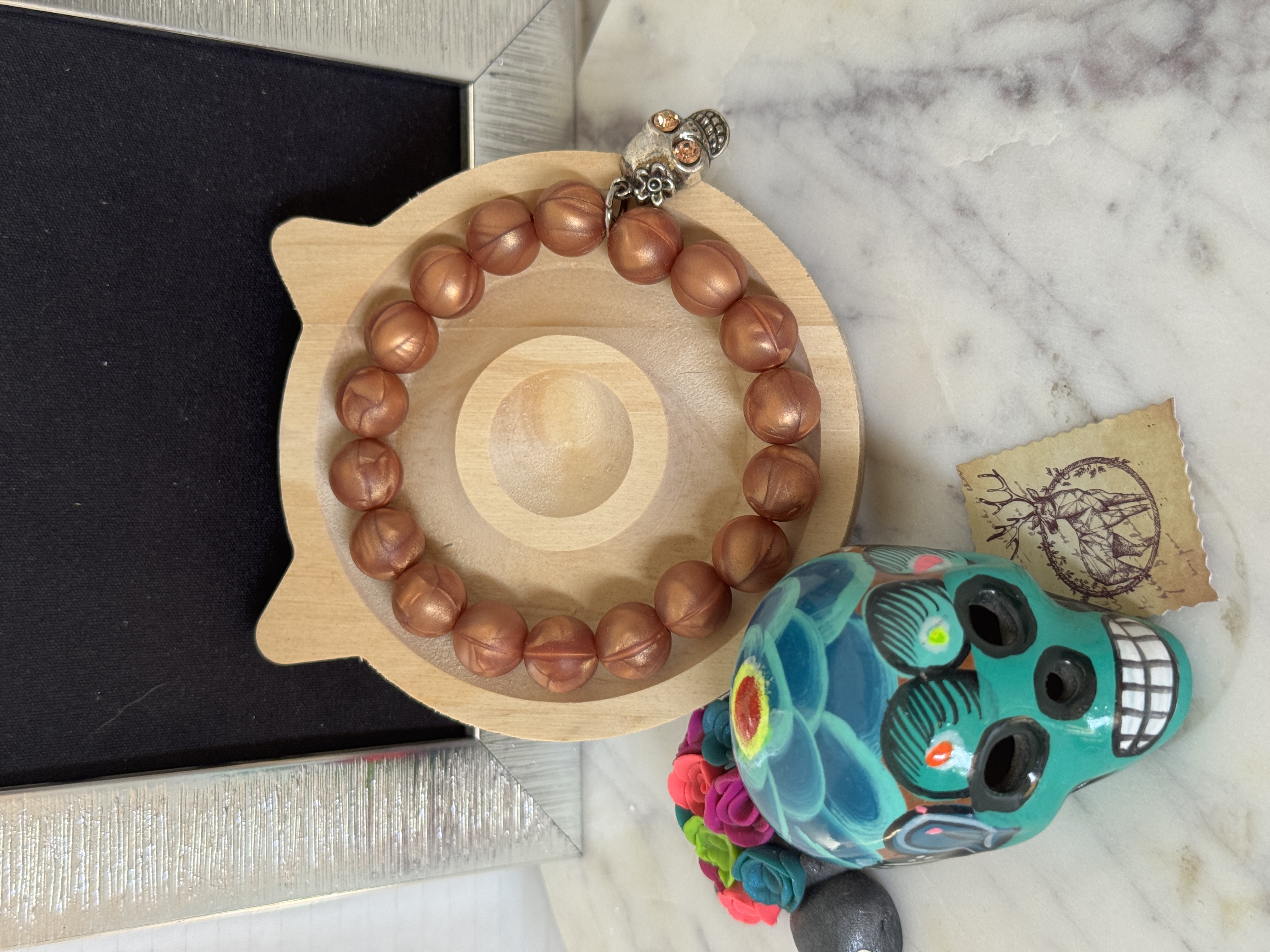 Rose Gold Bead Bracelet with Skull Charm