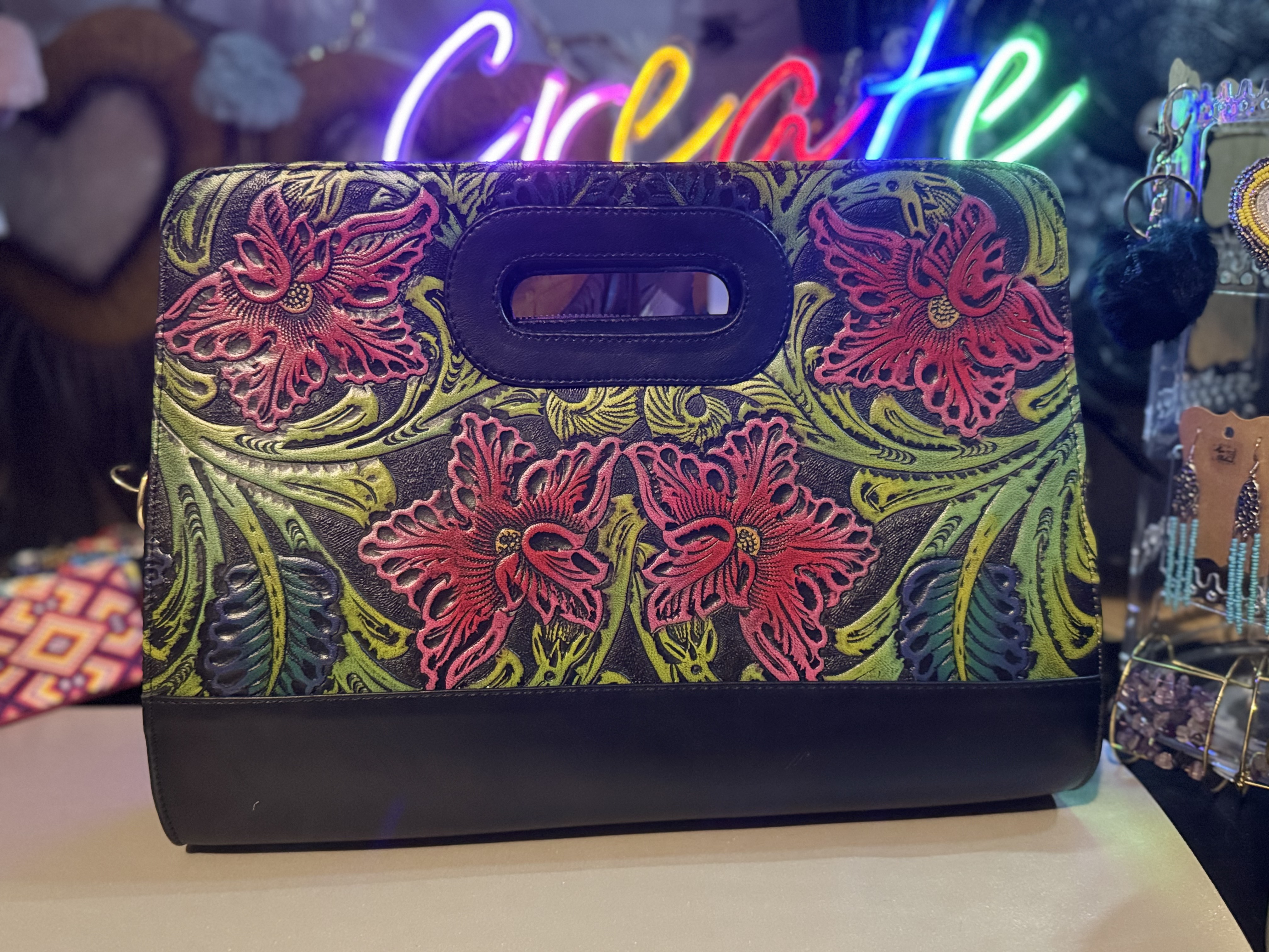 Embroidered Leather Clutch Handbag
