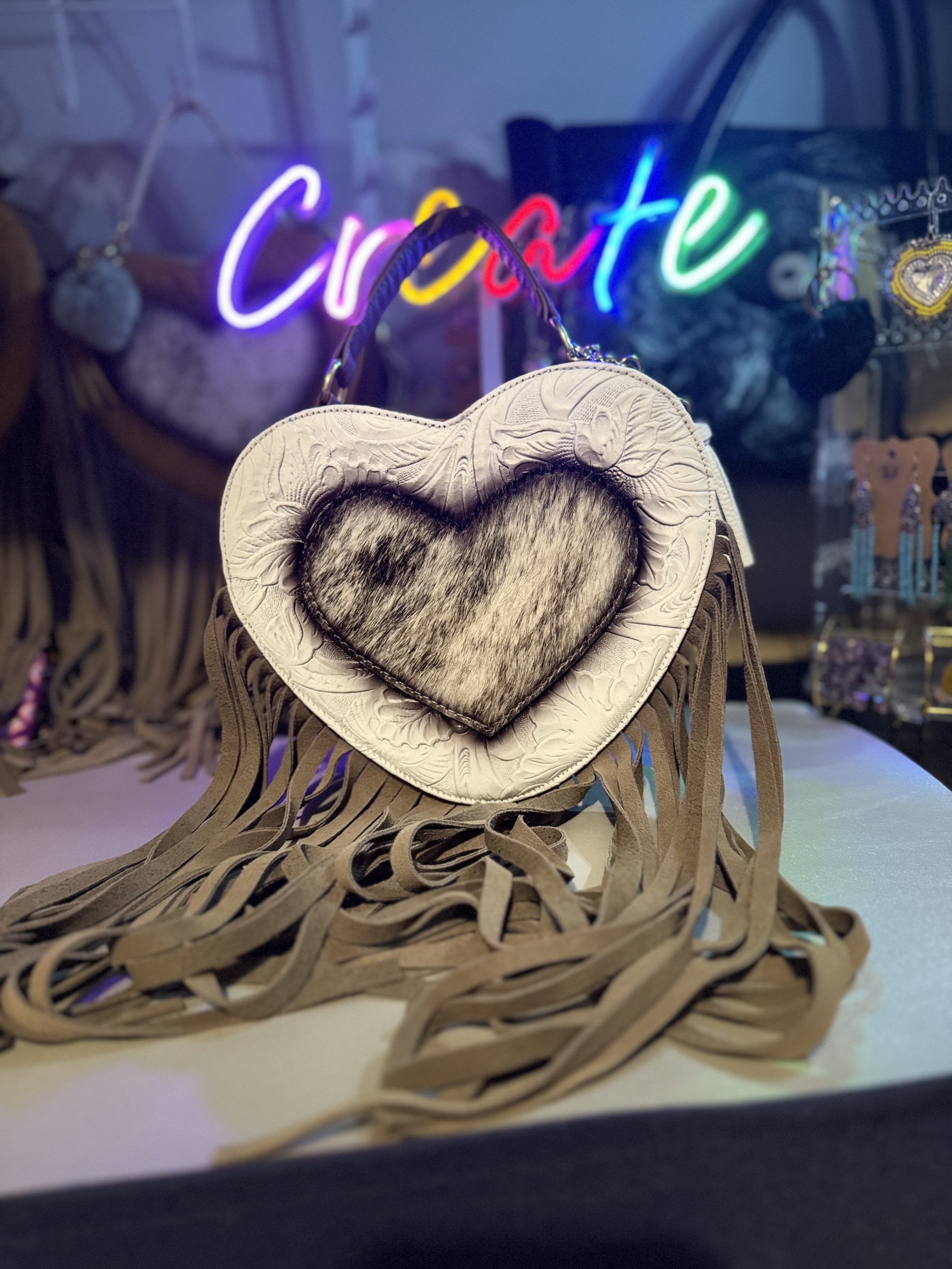 Heart-Shaped Fringed Handbag