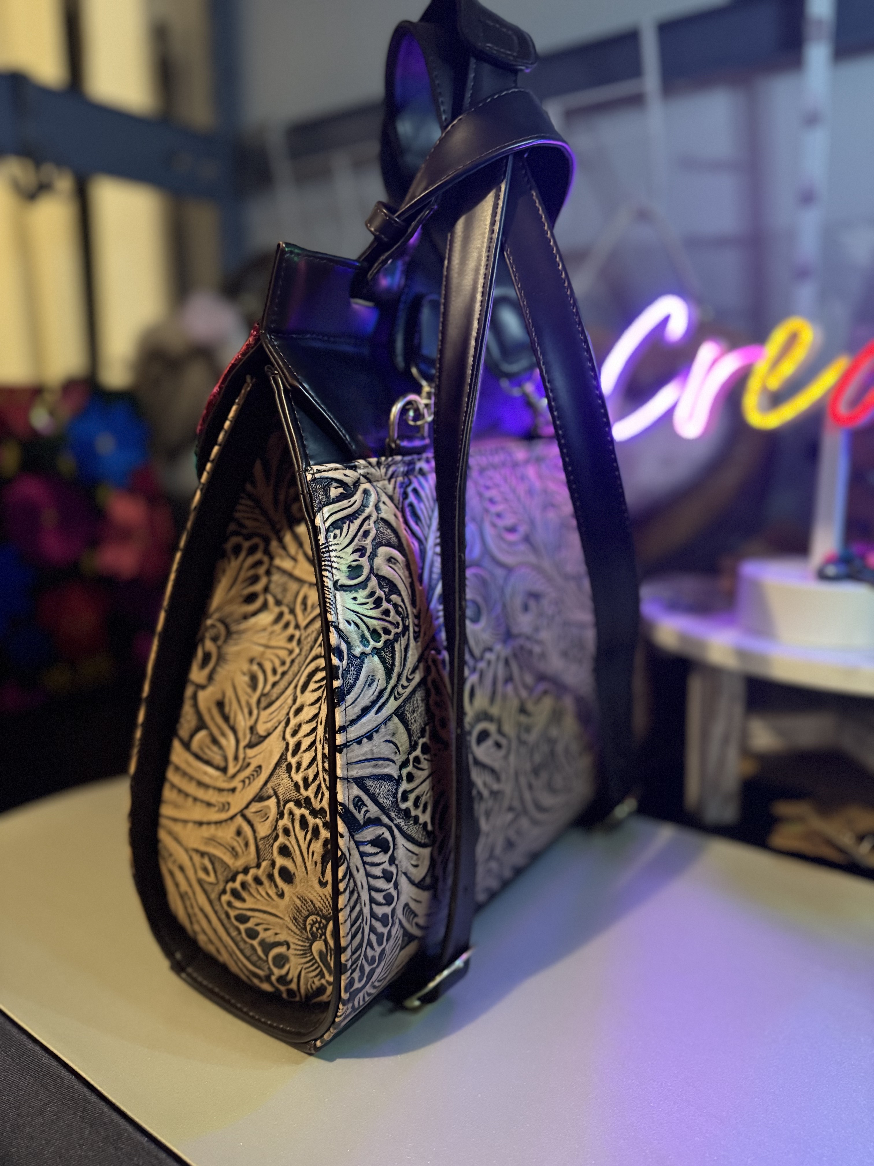 Embroidered Leather Handbag/Backpack