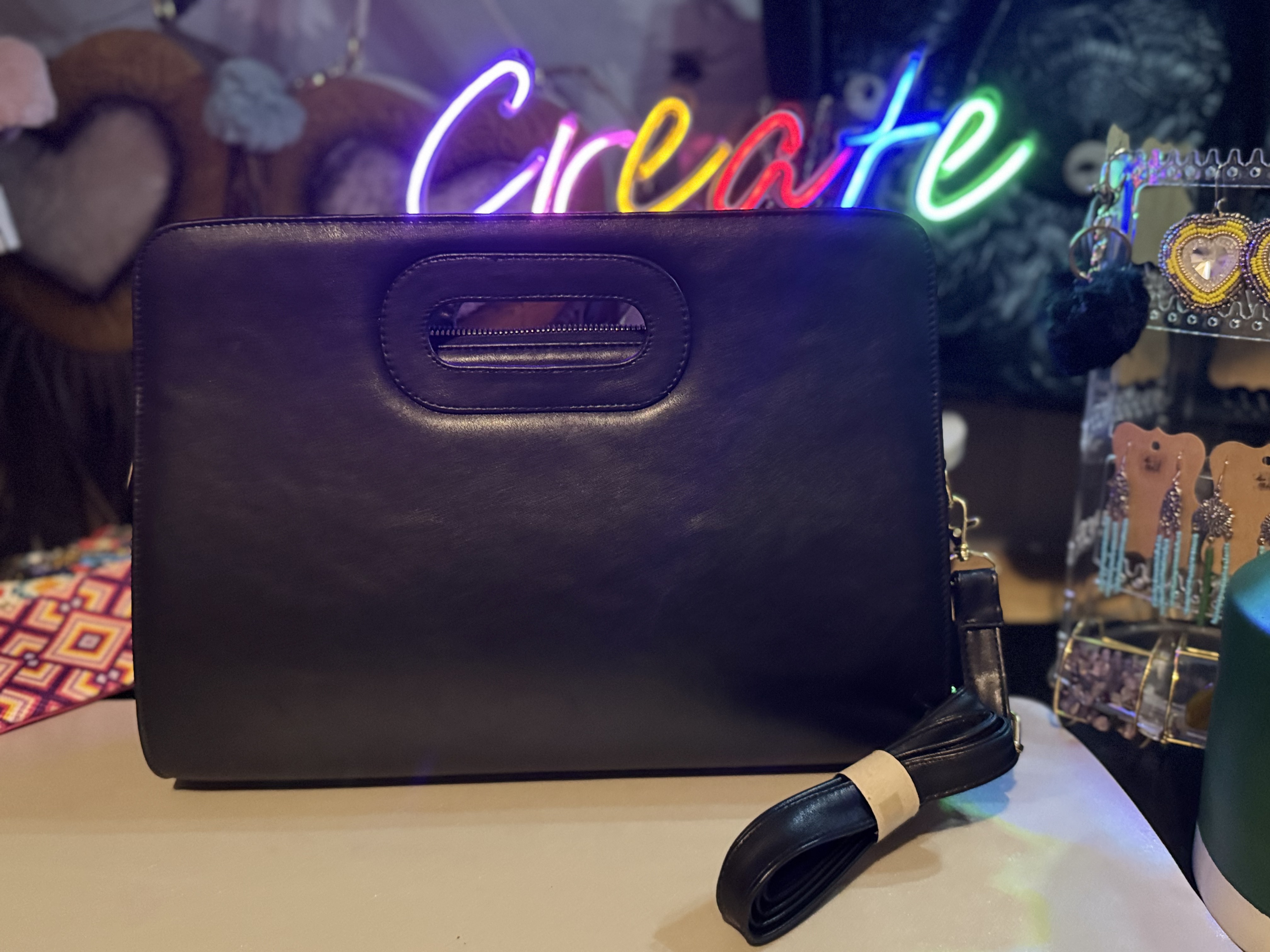 Embroidered Leather Clutch Handbag