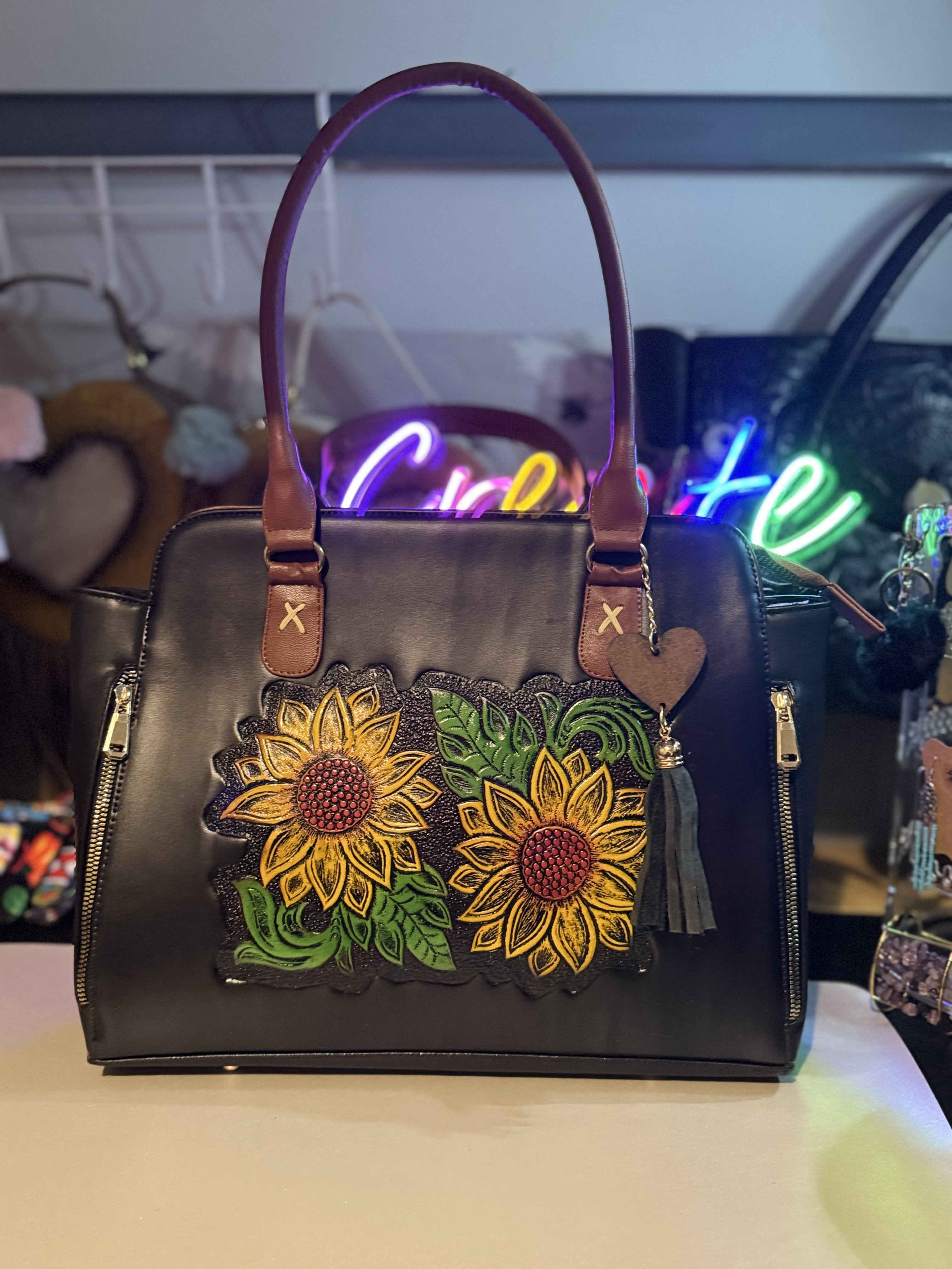 Sunflower Embroidered Leather Handbag